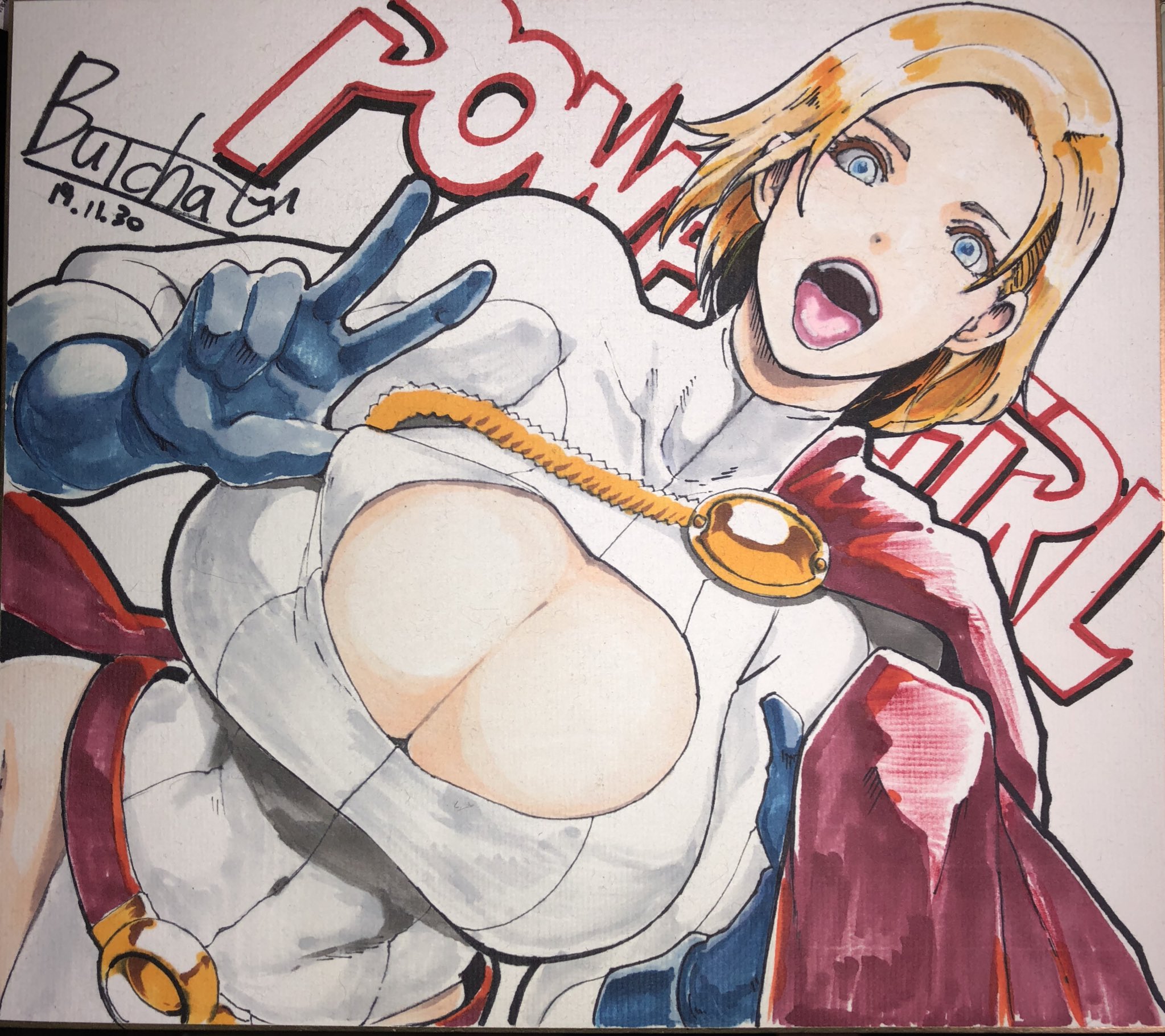 belt, big breasts, blonde female, blonde hair, blue eyes, boob window, breasts, butcha-u, cape, character name, dc, dc comics, female, gloves, kryptonian, light skin, light-skinned female, power girl, short hair, signature, solo, solo female, text, tongue, tongue out, voluptuous, voluptuous female, white clothing