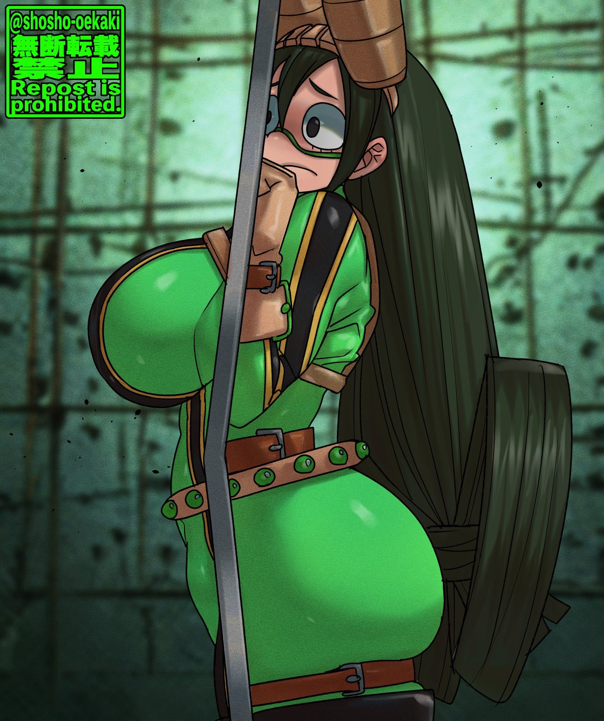 1girls, ass, big ass, big breasts, big butt, breasts, bubble ass, bubble butt, clothed, clothed female, clothing, female, female human, female only, frog girl, green hair, green-haired female, hero outfit (mha), human, imminent molestation, imminent rape, my hero academia, restrained, shosho oekaki, shounen jump, solo, solo female, stuck, stuck in wall, superhero costume, superheroine, teenager, tsuyu asui