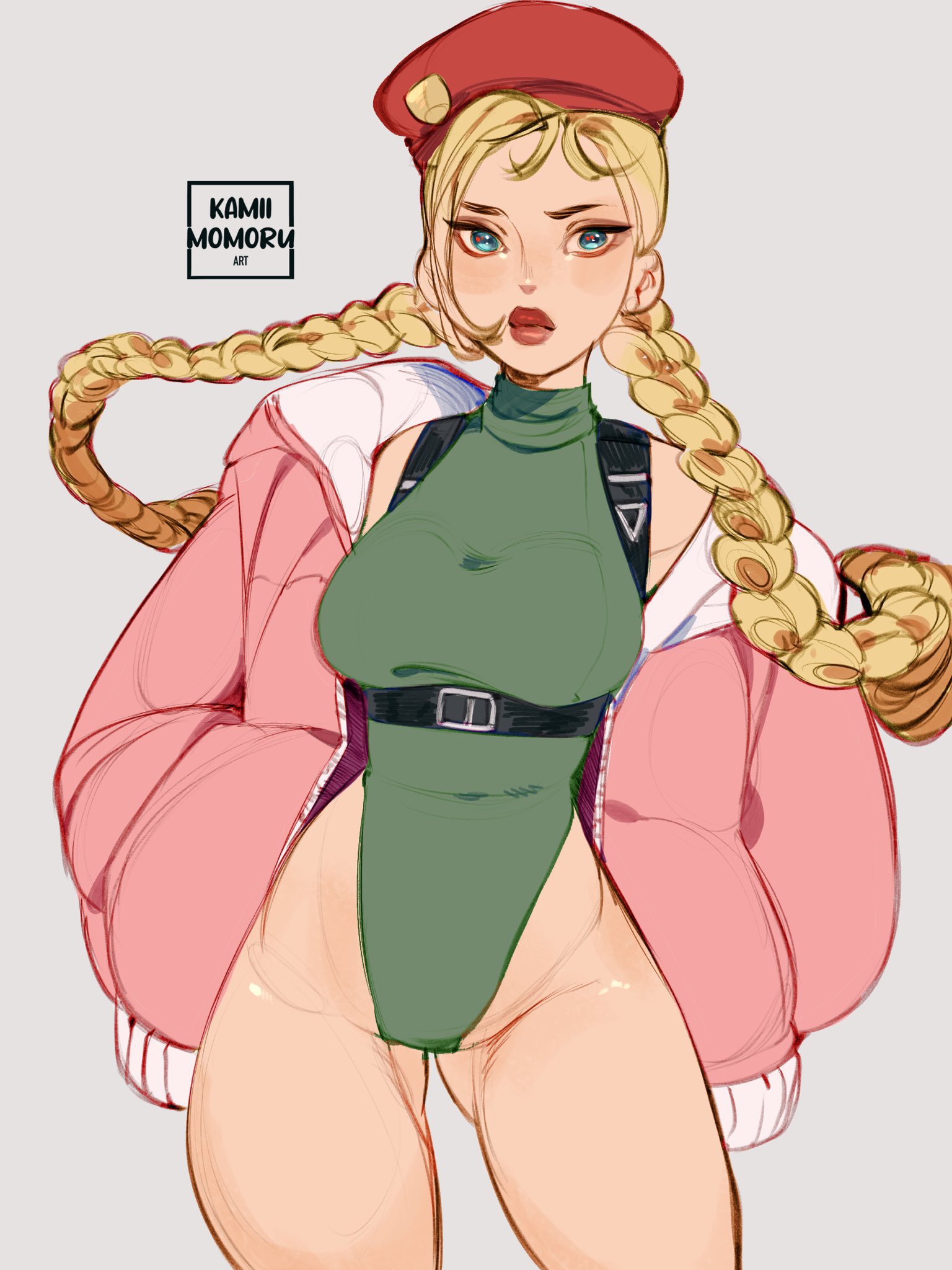 1girls, blonde hair, blue eyes, braid, breasts, cammy white, capcom, coat, female, female only, fully clothed, gluteal fold, hat, highres, kamii momoru, large breasts, leotard, lips, long hair, sleeveless, solo, street fighter