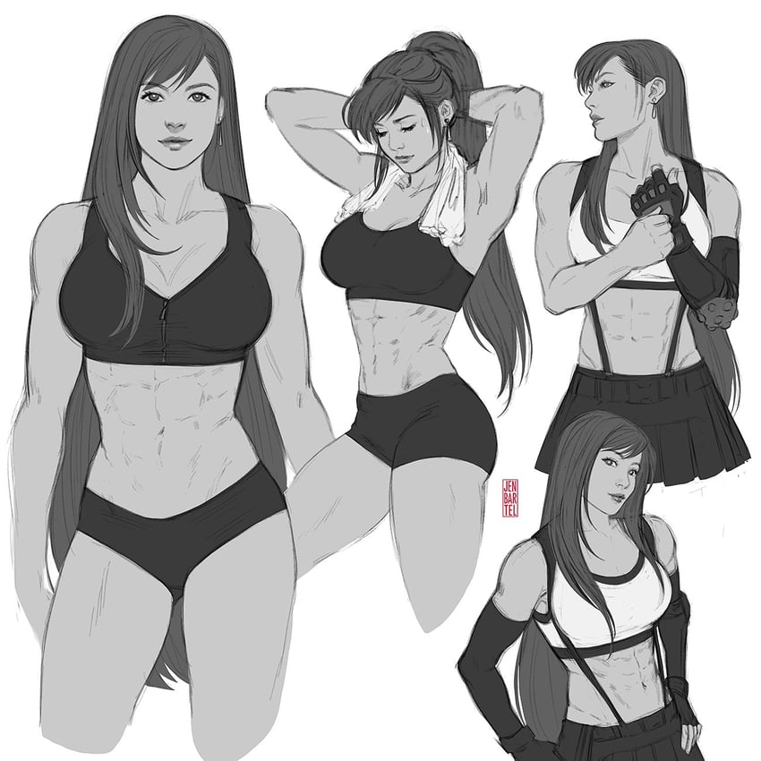 1girls, black and white, earrings, female, final fantasy, final fantasy vii, jen bartel, long hair, monochrome, muscular, muscular female, solo, tifa lockhart