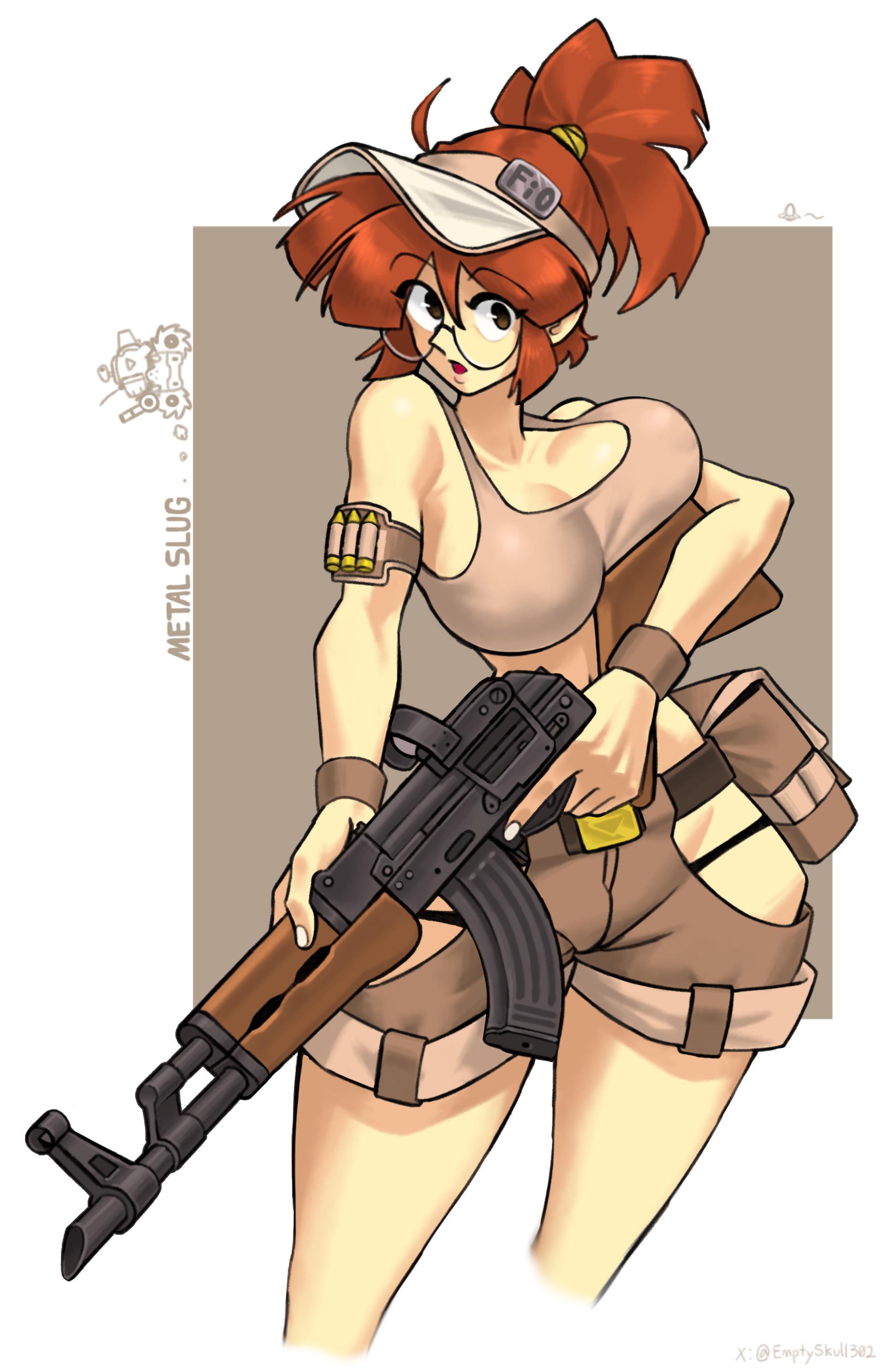 1girls, absurd res, background characters, bandaid, baseball cap, belt, big breasts, breasts, brown eyes, brown hair, cleavage, clothed, crop top, emptyskull302, female, fio germi, glasseshat, gun, guns, hi res, hip vent, hourglass figure, knee pads, matching hair/eyes, metal slug, midriff, narrow waist, navel, ponytail, revealing clothes, rifle, round glasses, short shorts, shorts, snk, solo, toned, toned female, vest