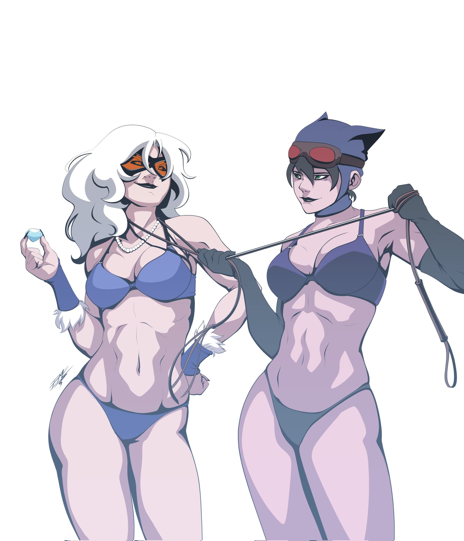 2girls, artist signature, batman (series), black cat (marvel), black hair, bra, cat ears, catwoman, crossover, dc, dc comics, dc vs. marvel, diamond, elrick san, felicia hardy, female, fit, fit female, hand on hip, light skin, light-skinned female, marvel, marvel comics, mask, panties, pearl necklace, selina kyle, spider-man (series), whip, white background, white hair