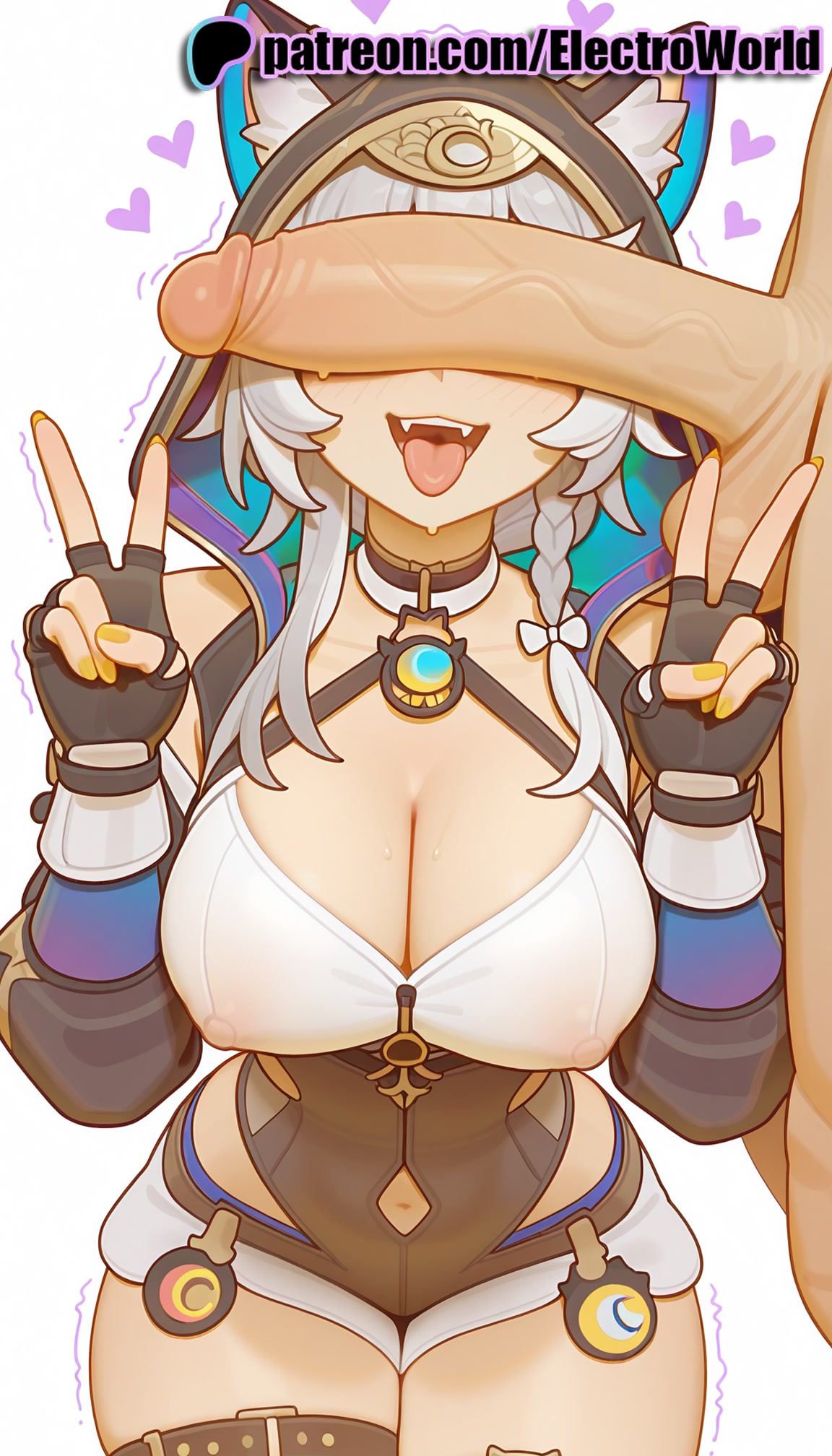 1girls, 2025, ai generated, animal ears, artist name, big breasts, big chest, braid, breasts, bust, busty, chest, cipher (honkai: star rail), cleavage, cock, dick, electroworld, female, fingerless gloves, gloves, heart, hi res, high quality, high resolution, highres, honkai (series), honkai: star rail, large breasts, male, motion lines, nail polish, patreon, patreon username, penis, stable diffusion, straight, tongue, tongue out, transparent background, trembling, twitching penis, v, watermark
