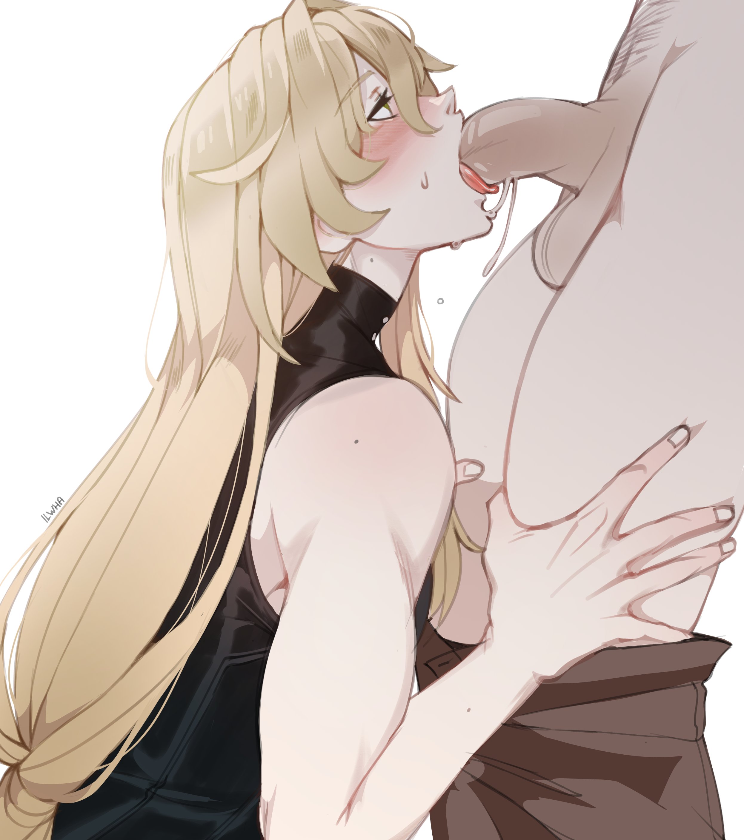 2boys, 2d, 2male, androgynous, androgynous male, blonde hair, blonde-haired male, blowjob, blowjob only, clothed, clothed male, clothed sex, colored, feminine male, gay, gay blowjob, gay male, gay oral, gay sex, hands on legs, highres, holding legs, honkai: star rail, ilewdha, light skin, light-skinned male, long hair, looking at another, looking up, low twintails, low-tied long hair, luocha (honkai: star rail), male, mole, open mouth, oral, oral penetration, oral sex, pants, pants down, pants pulled down, partially clothed, partially clothed male, pubic hair, saliva, saliva drip, saliva on penis, saliva string, simple background, sleeveless turtleneck, sleveeless shirt, welt yang (honkai: star rail), white background, yaoi