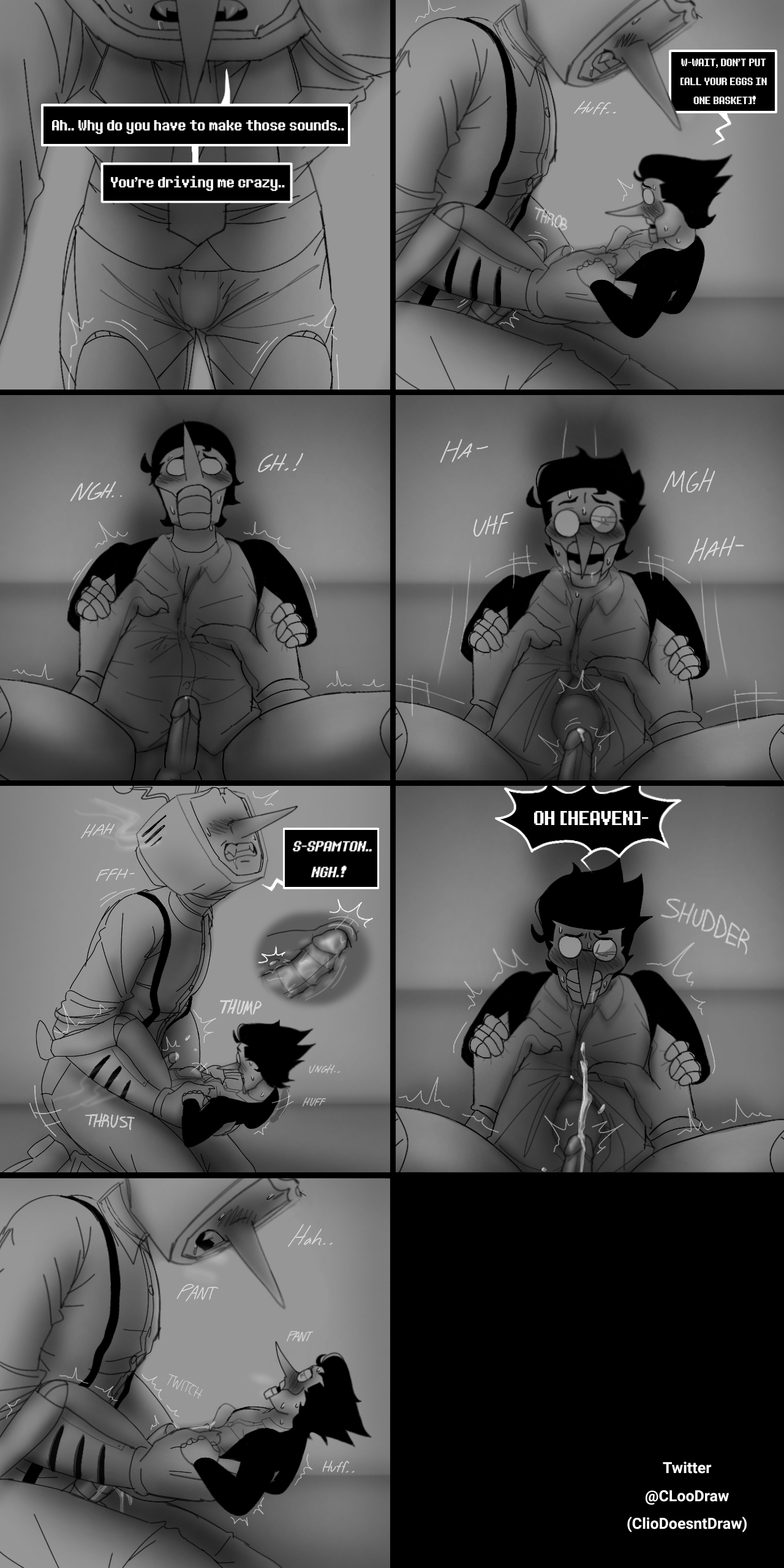 belly bulge, cliodoesntdraw, clothed sex, comic, cum, deltarune, dripping cum, fangs, gay, male, penetration, shivering, size difference, spamtenna, spamton g spamton, stomach bulge, tenna (deltarune), yaoi