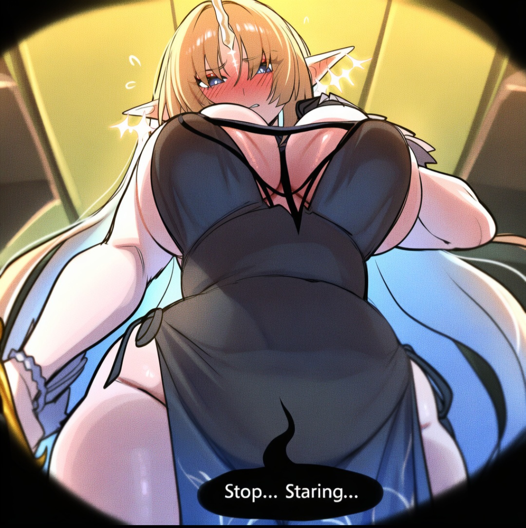ai generated, alternate costume, angry, blue eyes, blush, breasts, cleavage, cleavage cutout, dialogue, female, fleurdelys (wuthering waves), horn, huge breasts, long hair, looking at viewer, lovelyzen, nervous, shy, taller female, wuthering waves