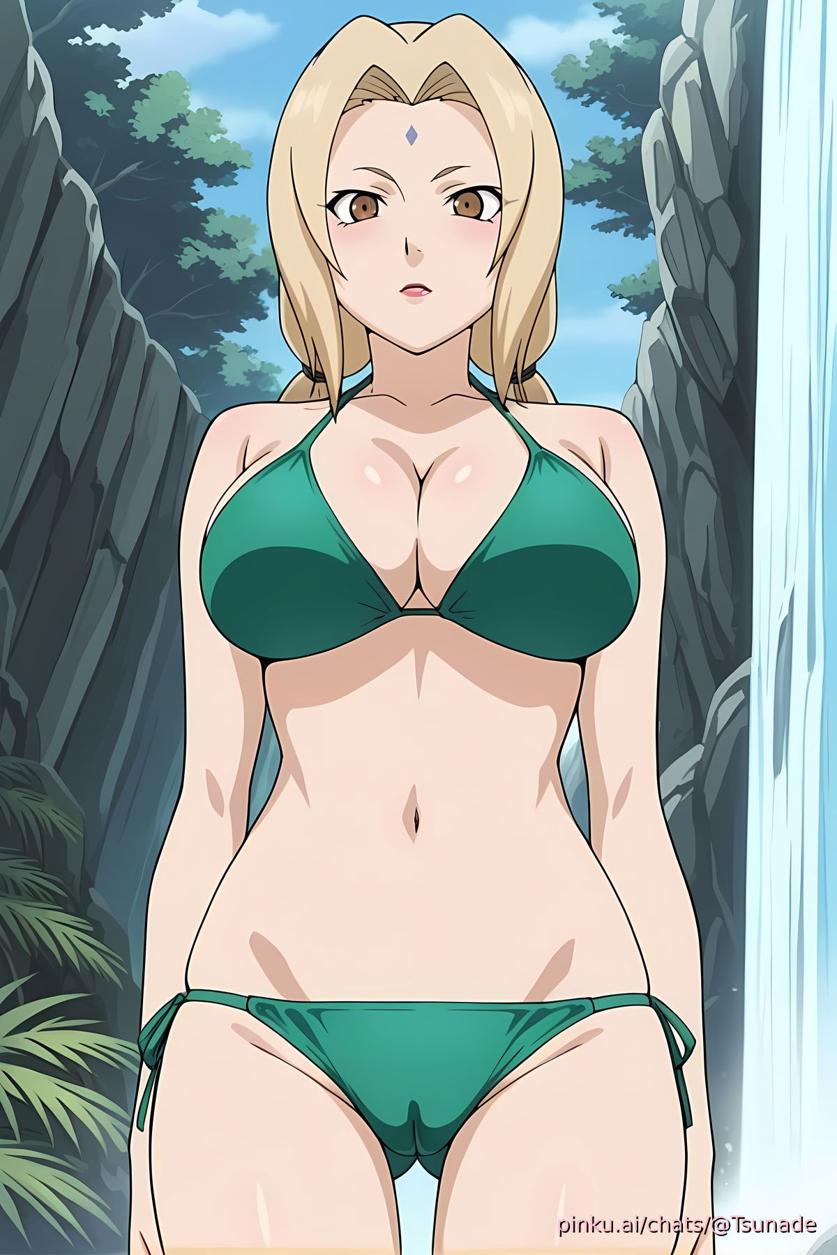 ai generated, big ass, big breasts, bikini, breasts, female, hot spring, naruto, naruto (series), pinku.ai, pussy, shy, tsunade, waterfall