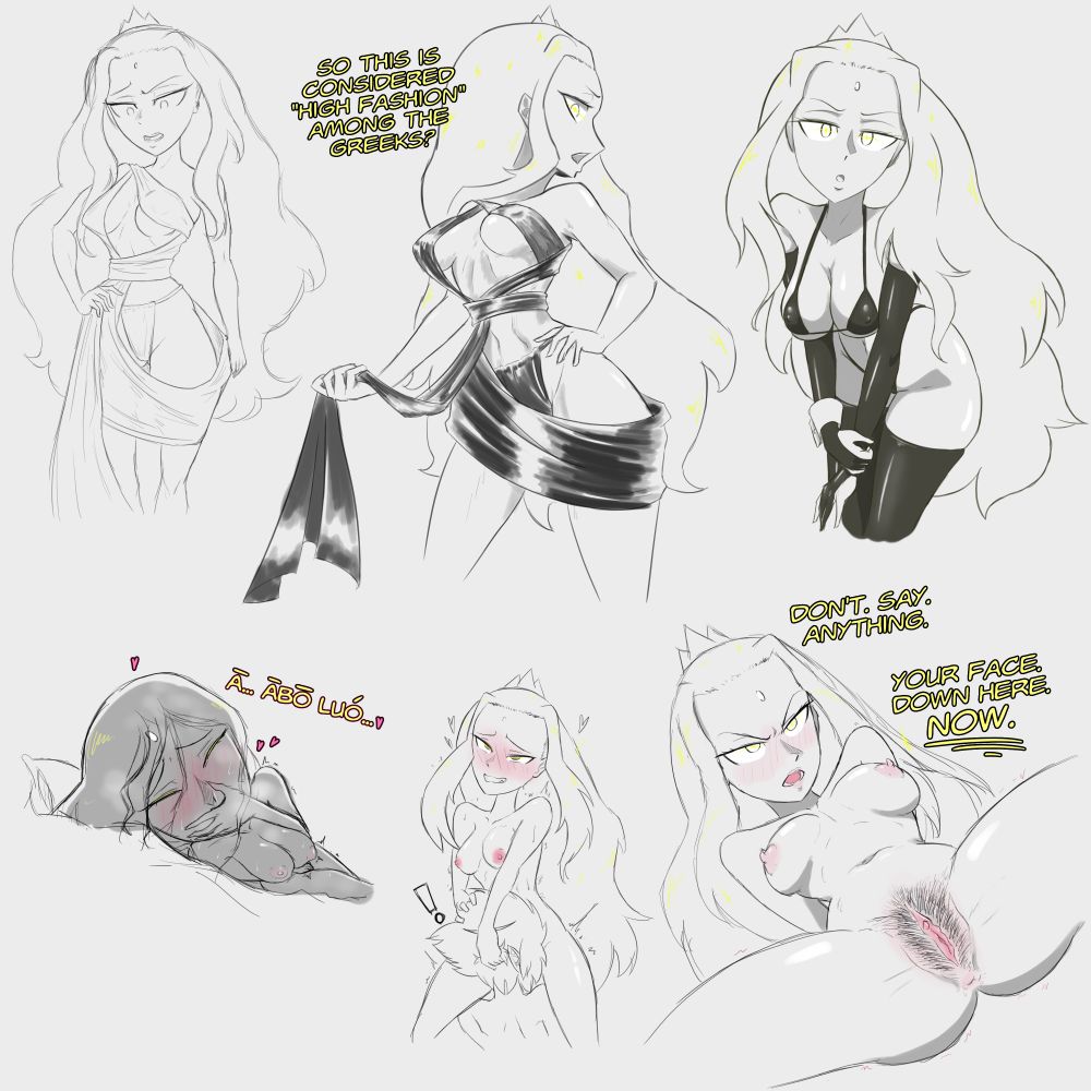 asian mythology, bikini, black bikini, blush, body hair, chinese mythology, cunnilingus, female, fingering, guan yin, guanyin, hairy pussy, in bed, itzal, jttw (osp), long hair, overly sarcastic productions, pussy, quan yin, quan yin (chinese mythology), quan yin (overly sarcastic productions), revealing clothes, skimpy clothes, sun wukong, sun wukong (osp), text, text bubble