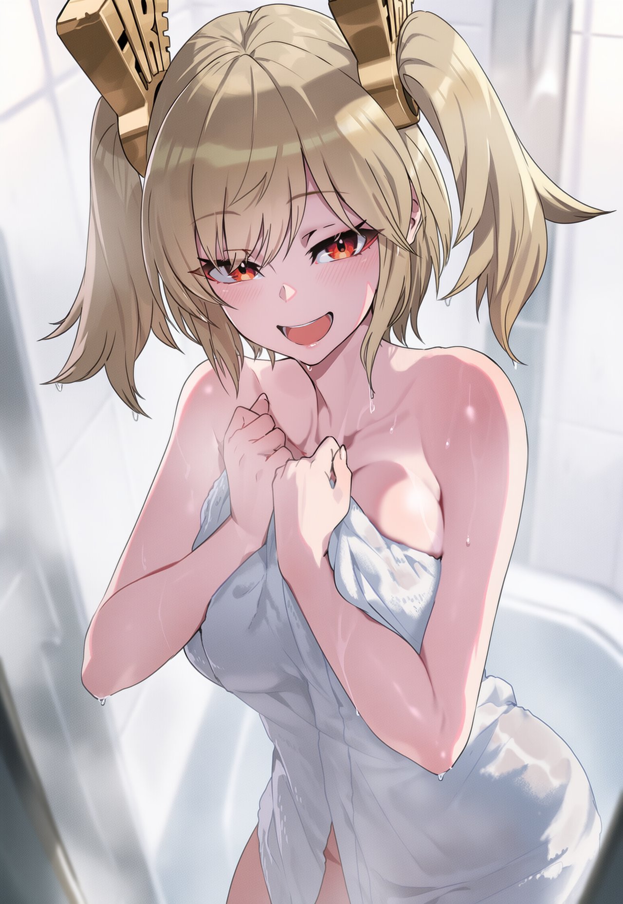 :d, ai generated, bangs, blonde hair, blurry, blush, breasts, burnice white, collarbone, eyebrows visible through hair, female, looking at viewer, naked towel, open mouth, red eyes, smile, solo, steam, towel, twintails, water, wet, yuneillusts, zenless zone zero
