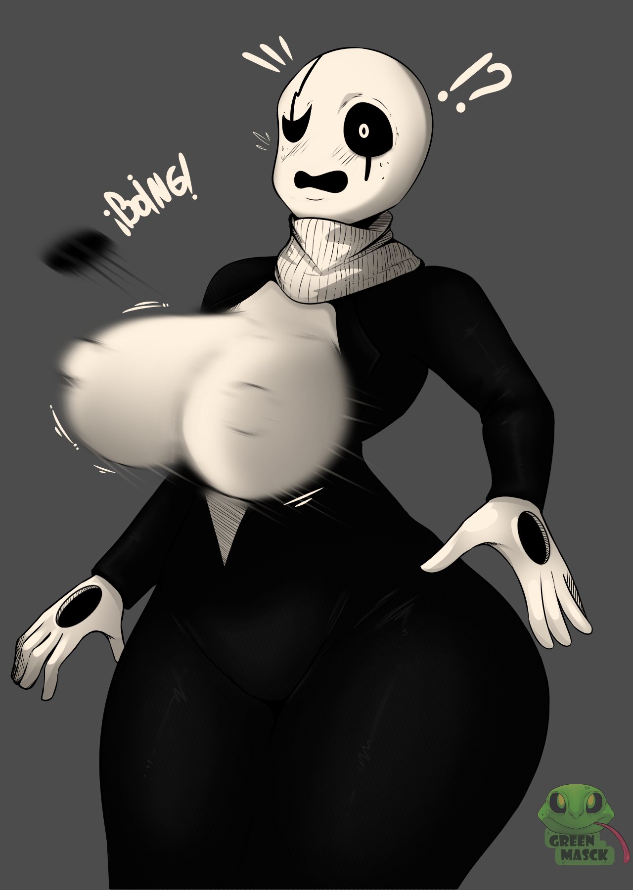 1girls, big breasts, breasts, breasts out, deltarune, fem gaster, female, female focus, female only, gaster, green masck, grey background, nipple bulge, rule 63, simple background, surprised, surprised expression, sweater, turtleneck, turtleneck sweater, undertale, undertale (series), wardrobe malfunction