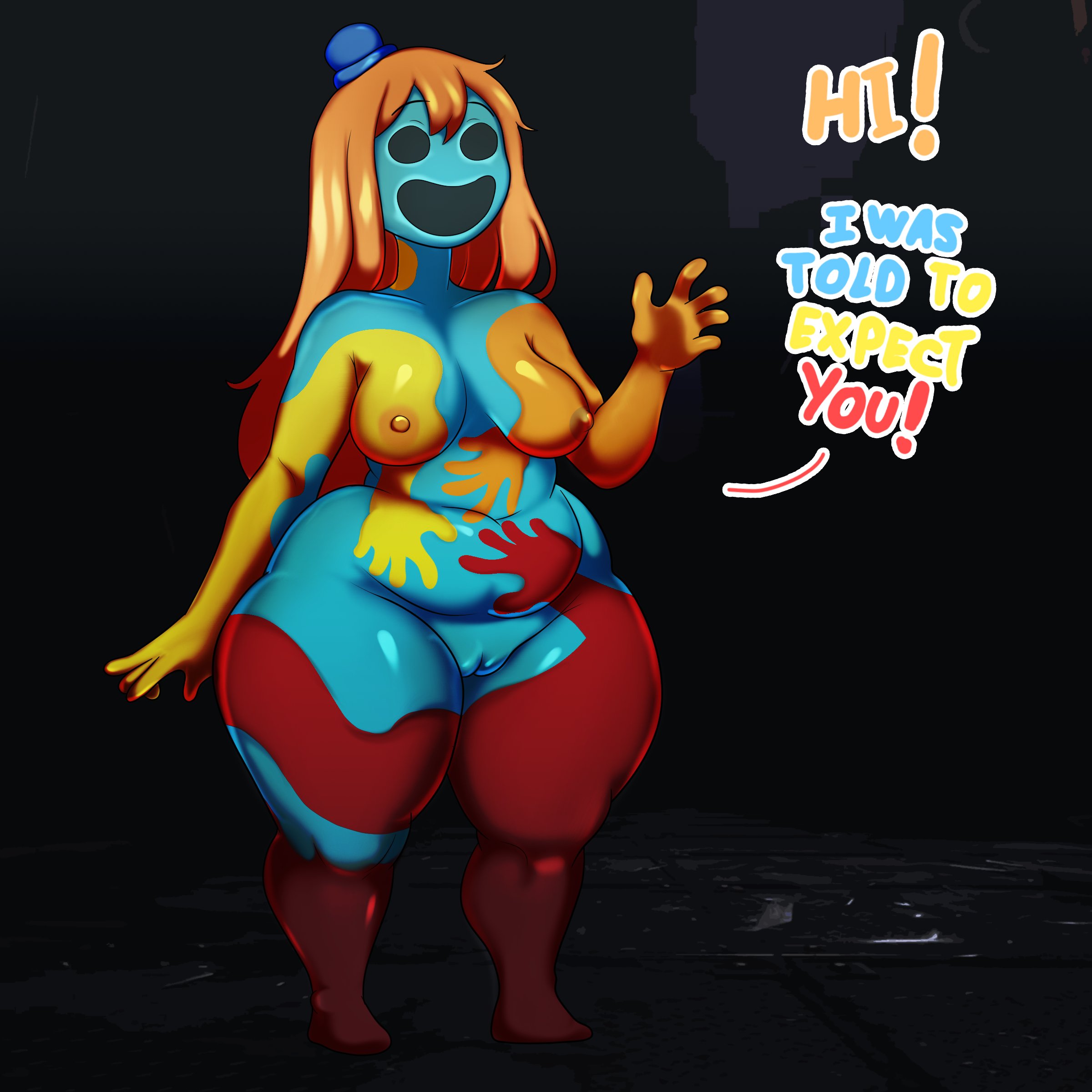 1girls, bottom heavy, breasts, chubby, chubby female, dialog, dialogue, doey, doey the doughman, doey the doughman (poppy playtime), doey the doughwoman, english, english dialogue, english text, female, female focus, female only, genderbent, genderswap (mtf), hat, hips, long hair, looking at viewer, naked, naked female, nipples, nude, nude female, oddrich, orange hair, poppy playtime, poppy playtime (chapter 4), pussy, rule 63, small breasts, smile, smiling at viewer, thick ass, thick thighs, thighs, vagina, wide hips
