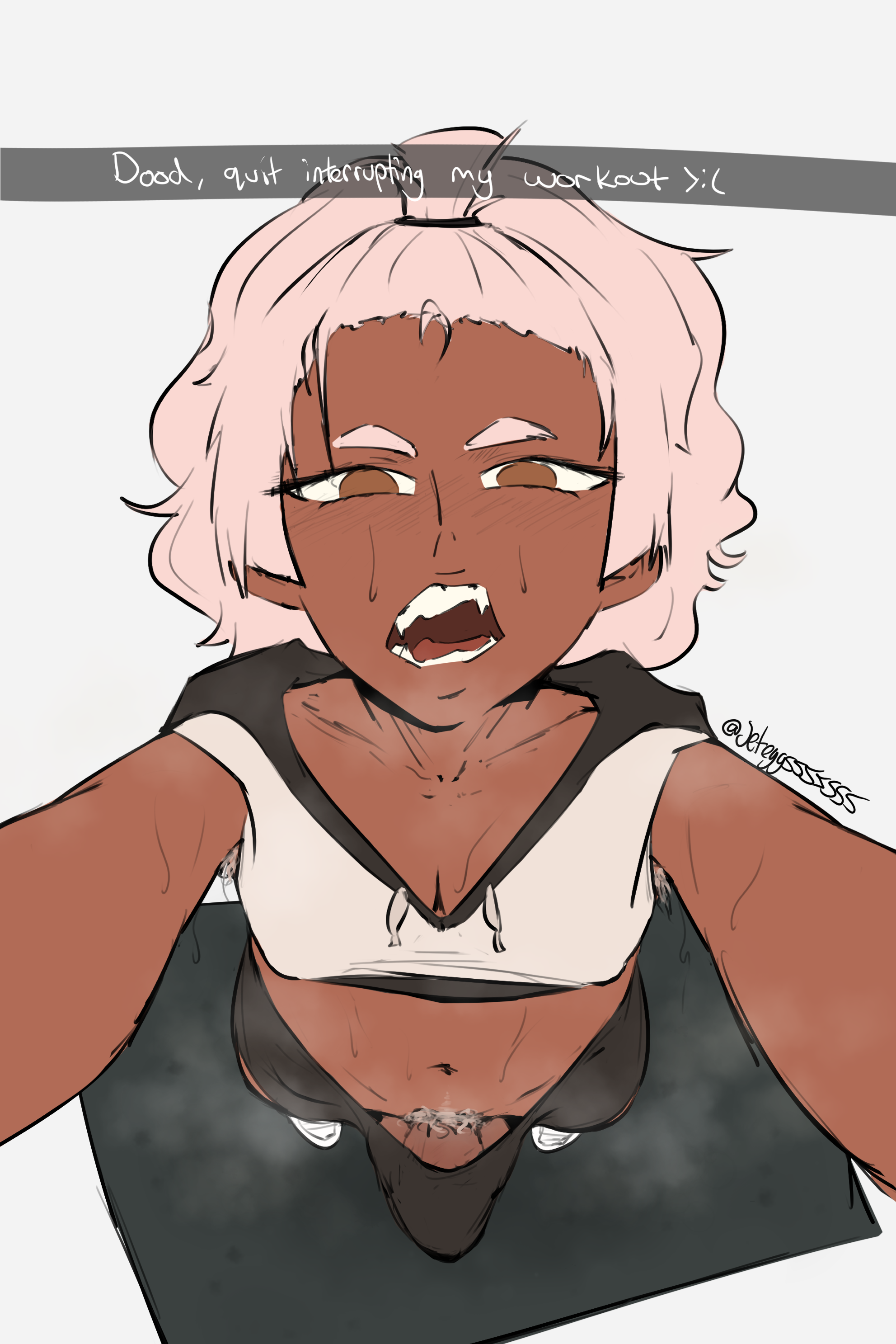 1girls, angry, annoyed, clothing, dark-skinned female, exercise, female, futanari, gym, intersex, jeteggs, original, original character, pubes, pubic hair, self shot, selfie, sharp teeth, snapchat, solo, steam, sweat, tomboy, unfinished, workout
