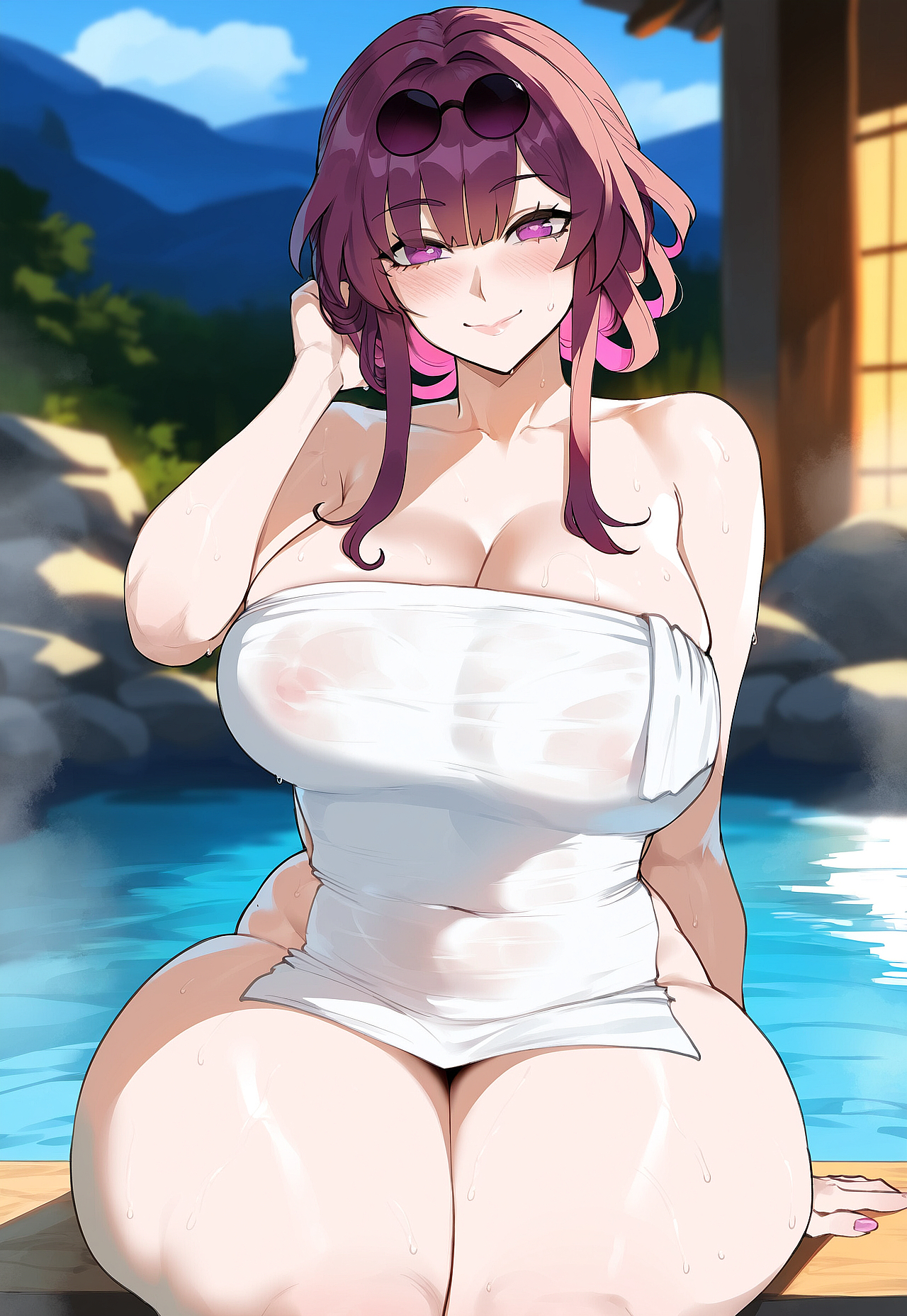 1girls, ai generated, big breasts, breasts, female, female focus, hips, honkai: star rail, huge breasts, juuicyai, kafka (honkai: star rail), large breasts, mature female, milf, onsen, purple eyes, purple hair, smiling, thick thighs, thighs, towel, wide hips