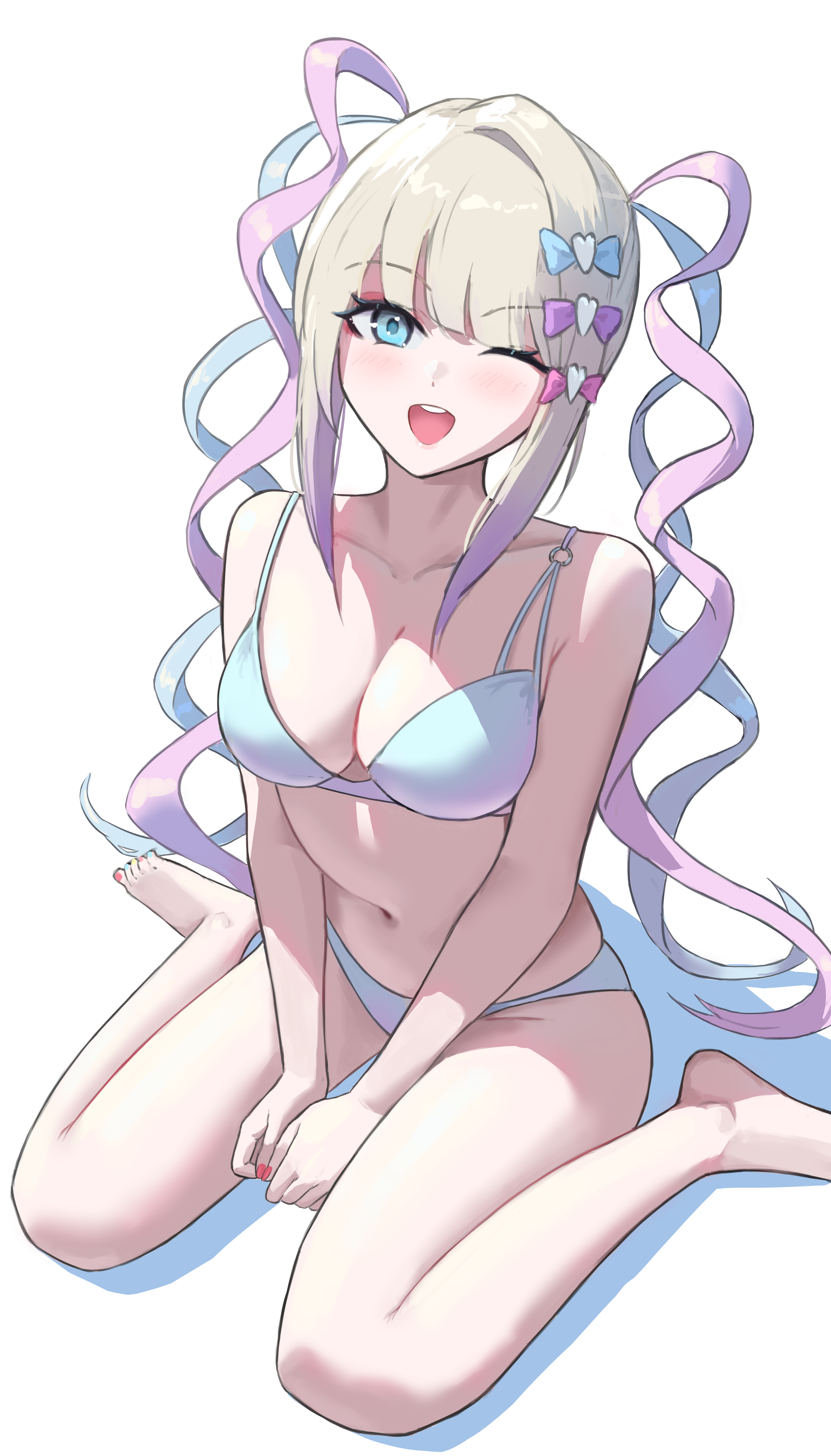 bikini, blue bikini, blue eyes, blue hair, breasts, chouzetsusaikawa tenshi-chan, dyed hair, fair skin, fair-skinned female, female, hair, hair accessory, makeup, needy girl overdose, needy streamer overload, painted nails, painted toenails, pigtails, pink eyeshadow, pink hair, platinum blonde hair, sitting, smiling, smiling at viewer, white background, wink, winking at viewer
