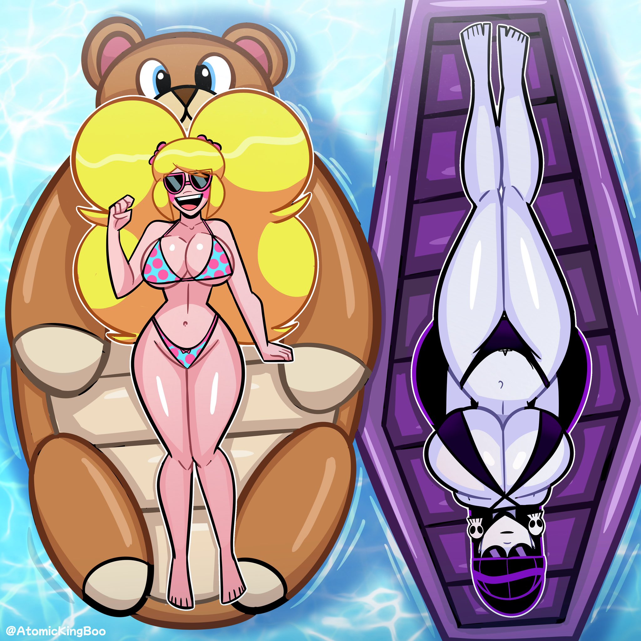 2025, 2girls, artist name, ass, atomickingboo, big ass, big breasts, bikini, blonde, blonde female, blonde hair, blonde-haired female, bow, bow in hair, bows, bows in hair, breasts, breasts bigger than head, duo, duo female, duo focus, ear piercing, earrings, english, english text, female, female focus, female only, huge breasts, light skin, light-skinned female, lindel dollice quilten, mostly nude, mostly nude female, nude, nude female, oc, ocs, original, original character, original characters, pale skin, pale-skinned female, pool, pool float, skull, skull earrings, sunglasses, swimsuit, swimwear, tagme, text, the besties (atomickingboo), thick thighs, thighs, twintails, wendy wendy