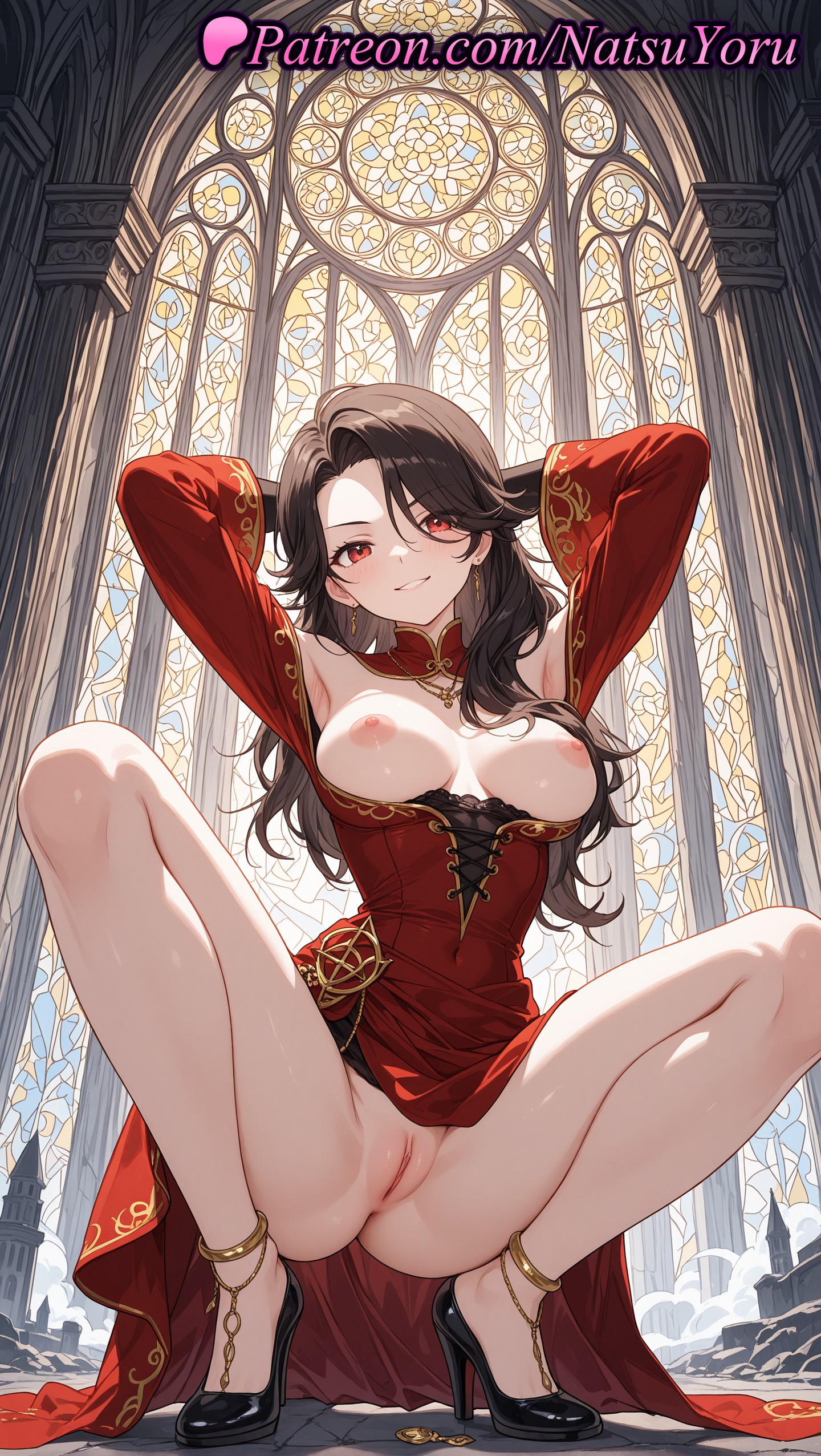 1girls, 2025, ai generated, anklet, armpits, arms behind head, arms up, bangs, black footwear, black hair, blush, breasts, breasts out, cinder fall, dress, earrings, female, female only, hi res, high heels, highres, jewelry, long hair, long sleeves, looking at viewer, natsuyoru, nipples, no panties, parted lips, patreon, pussy, red dress, red eyes, rwby, rwby ice queendom, shoes, smile, solo, spread legs, squatting, stained glass, thighs, uncensored, vagina, voluptuous, voluptuous female
