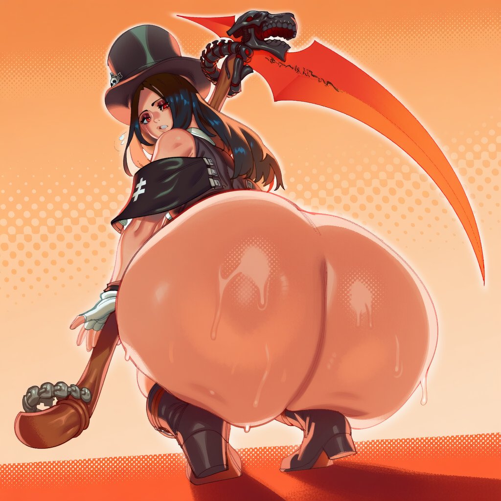 1other, 2d, ai generated, androgynous, ass, ass focus, bare shoulders, big ass, big butt, big thighs, black hair, black headwear, boots, bottom heavy, bottomless, bubble butt, fingerless gloves, foxes inn, from behind, gloves, guilty gear, guilty gear strive, hat, holding, holding scythe, huge ass, huge butt, huge thighs, large ass, large butt, large thighs, long hair, looking at viewer, looking back, looking back at viewer, massive ass, massive butt, other focus, red eyes, scythe, solo, squatting, sweat, sweatdrop, testament (guilty gear), thick ass, thick butt, thick thighs, thighs, top hat, weapon, white gloves