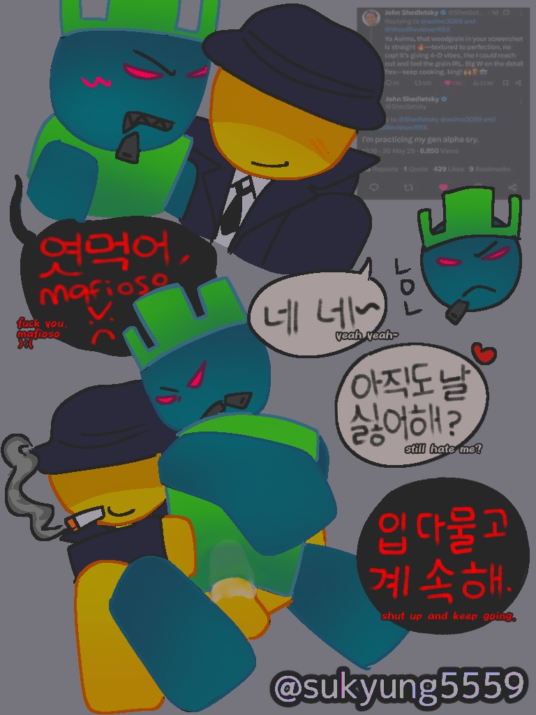 1x1x1x1, 1x1x1x1 (forsaken), angry, angry expression, angry face, angry sub, artist name, black skin, blocky body, cigarette, cigarette in mouth, cigarette smoke, english text, fedora, forsaken (roblox), korean text, mafioso (forsaken), red eyes, roblox, roblox game, robloxian, self upload, sukyung5559, tagme, translated, translucent body, transparent body, watermark, yellow skin, zipper mouth