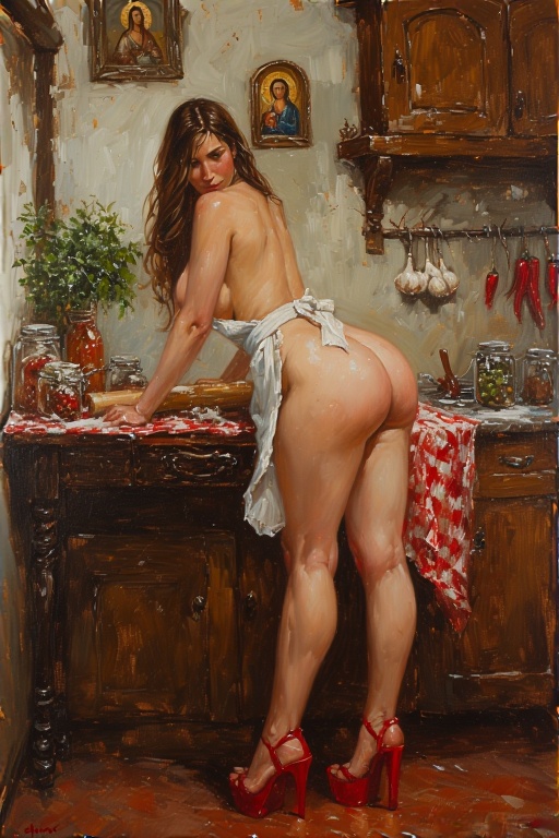 1800s art, 1girls, ai generated, apron, apron only, ass, ass focus, back view, backless outfit, beautiful, big ass, big breasts, big butt, black hair, breasts, brown eyes, bubble butt, female, female only, flashing, flashing at viewer, general, high heels, huge breasts, long hair, long legs, looking at viewer, maid, nude, oil painting, painting (artwork), panties, sam0009, seductive, seductive look, solo female, standing, teasing, thick ass, thick legs, thick thighs, thighhighs, thighs, topless, topless female, traditional media (artwork), victorian, victorian maid, white body, wide hips