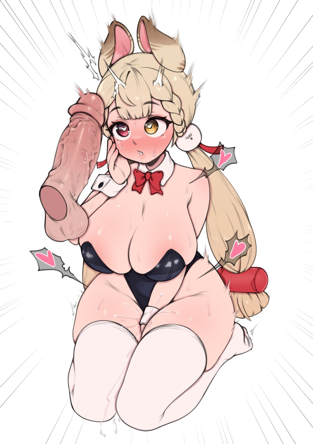 1boy, 1girls, alice thymefield, breasts, bunny ears, bunnysuit, cleavage, cock shock, cock worship, drool, drooling, female, female focus, heart-shaped pupils, kneeling, large breasts, light skin, light-skinned female, looking at penis, male, penis, penis awe, pussy, pussy juice, revealing clothes, shiny clothes, skimpy clothes, thick thighs, thighhighs, thighs, white background, whomperfruit, wide hips, zenless zone zero
