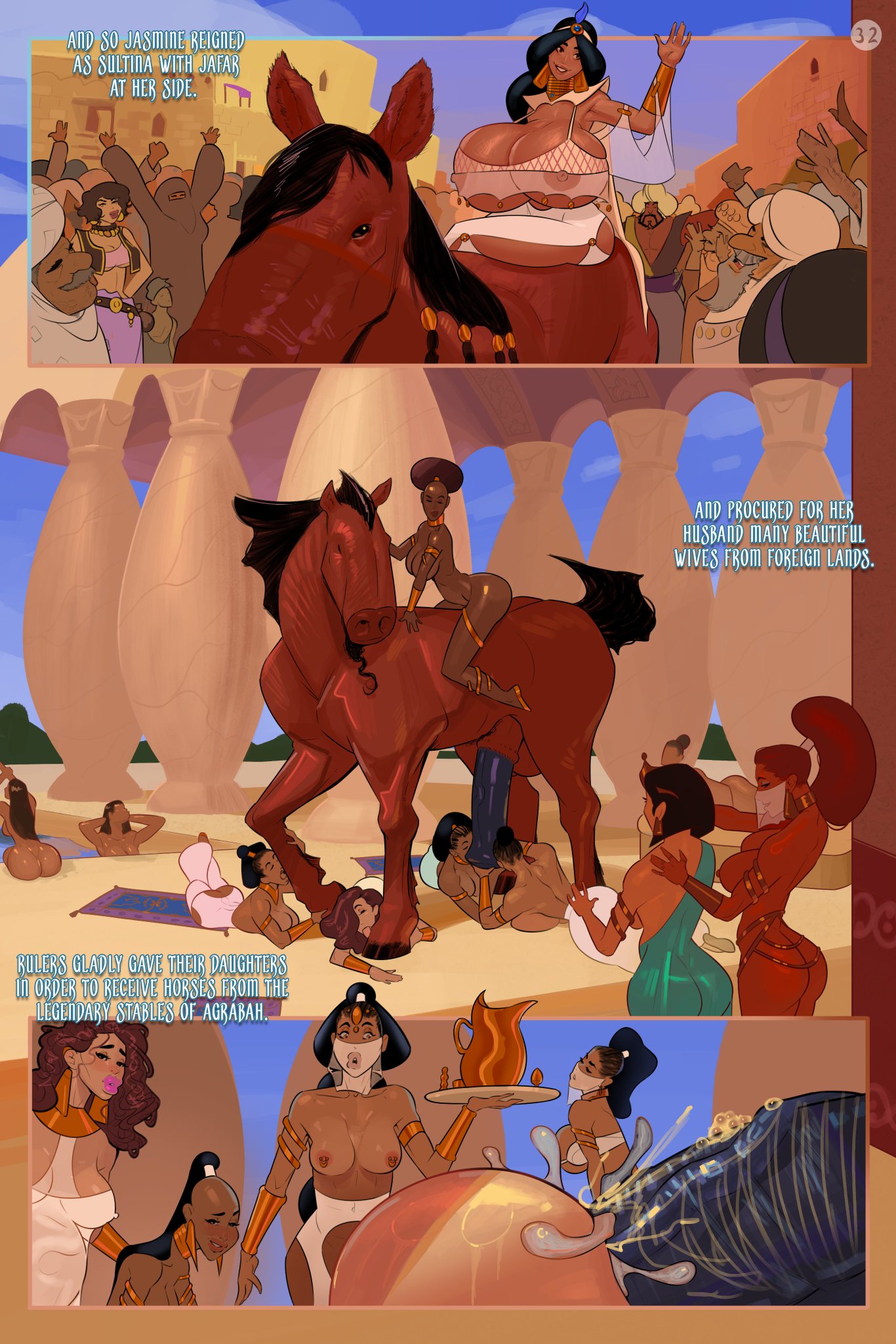 1001 nights, 14girls, 1boy, 1boy1girl, 1girls, 2025, 2d, 6+girls, aladdin, aladdin (1992 disney film), arabian, arabian female, ass, ass bigger than head, big ass, big breasts, big thighs, breasts, breasts bigger than head, bust, busty, chest, corruption, curvaceous, curvy, curvy figure, dark skin, dark-skinned female, digital media (artwork), disney, disney princess, disney villains, domination caption, enormous breasts, female, femsub, genie, giant breasts, gigantic breasts, harem, harem girl, harem outfit, hips, horse, horsecock, hourglass figure, huge ass, huge breasts, huge thighs, hyper breasts, jafar, jafar (genie), large ass, large breasts, large thighs, legs, male, male/female, maledom, massive breasts, mature, mature female, medieval, meinfischer, multiple females, multiple girls, olive skin, princess, princess jasmine, shapeshifter, shapeshifting, slim waist, straight, tan body, tan skin, tan-skinned female, thick, thick hips, thick legs, thick thighs, thighs, voluptuous, waist, wide hips, wide thighs, zoophilia