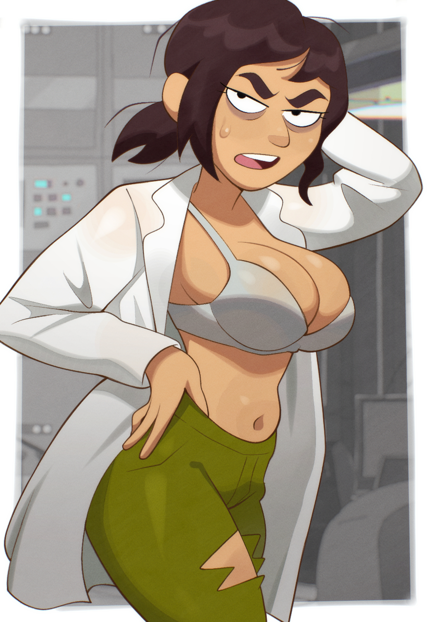 1girls, 2025, bra, breasts, cleavage, clothed, clothing, female, green pants, inside job, labcoat, large breasts, netflix, newguy1091, open clothing, reagan ridley, solo, solo female, sweat
