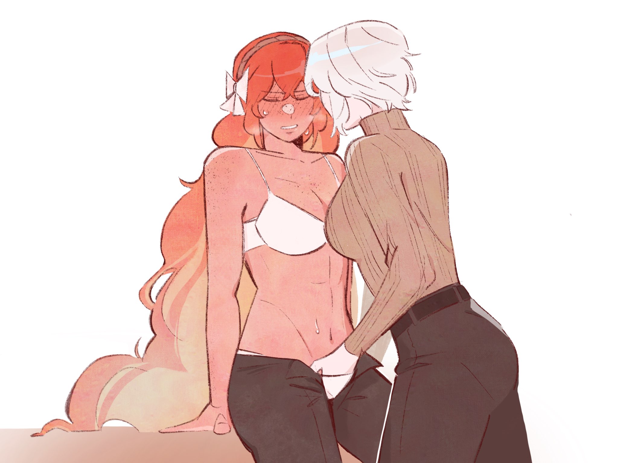 2girls, blush, bra, breasts, cleavage, closed eyes, color, curly hair, faust (limbus company), female, finger fuck, fingering, fingering partner, freckles, freckles on arms, freckles on breasts, freckles on face, freckles on shoulders, full-face blush, fully clothed, hairband, hand in another's panties, hand in panties, highres, ishmael (limbus company), l0yoke, lesbian sex, lighting, limbus company, long hair, looking pleasured, orange hair, panties, partially clothed, project moon, romantic, romantic couple, shirtless, sweat, sweater, toned, toned female, turtleneck, turtleneck sweater, unseen female face, unzipped, unzipped pants, very long hair, white background, white bra, white hair, white panties, yuri