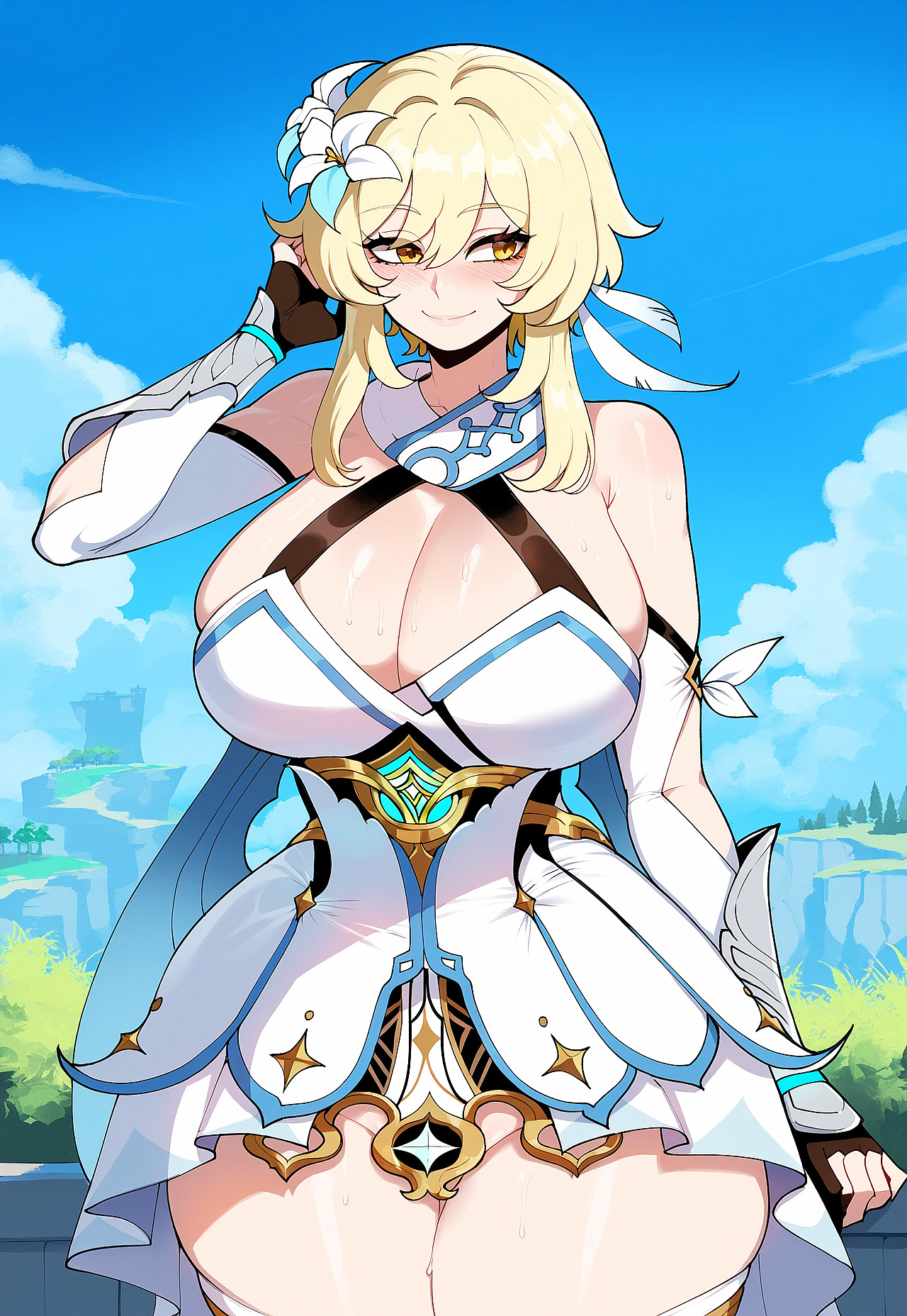 1girls, ai generated, blonde hair, breasts, female, female only, fully clothed, genshin impact, golden eyes, huge breasts, juuicyai, light-skinned female, lumine (genshin impact), solo, tagme, thick thighs, thin waist, wide hips, yellow eyes