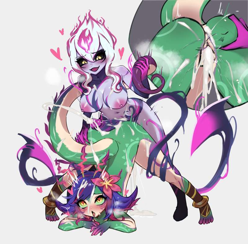 1futa, 1girls, after sex, anus, ass, ass grab, big breasts, big penis, biyontran, black sclera, blush, breasts, cum, cum drip, cum in pussy, cum inside, demon, demon girl, doggy style, dripping, duo, ejaculation, erection, evelynn, face down ass up, female, from behind, futa on female, futanari, grabbing, green sclera, green-skinned female, hair between eyes, heart, heart-shaped pupils, humanoid, humanoid penis, intersex, jack-o pose, large breasts, league of legends, lizard girl, lizard tail, monster girl, multicolored skin, multiple views, neeko, nipples, nude, open mouth, orgasm, orgasm face, penis, pink hair, precum, purple hair, pussy, pussy juice, pussy juice drip, rolling eyes, short hair, simple background, slit pupils, smile, spread legs, sweat, symbol-shaped pupils, tail, tongue, tongue out, top-down bottom-up, white background, yellow eyes
