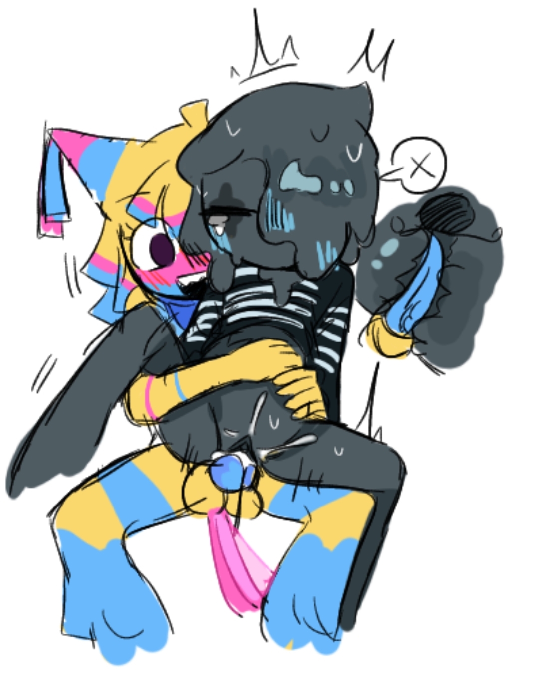 1cuntboy, 1futa, black body, blot (dandy's world), cuntboy, dandy's world, futanari, ink blot, intersex, mime, multicolored body, pinata, tyoutsuki, yatta (dandy's world)