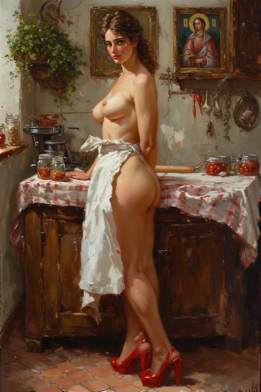 1800s art, 1girls, ai generated, apron, apron only, ass, ass focus, back view, backless outfit, beautiful, big ass, big breasts, big butt, black hair, breasts, brown eyes, bubble butt, female, female only, flashing, flashing at viewer, general, high heels, huge breasts, long hair, long legs, looking at viewer, maid, nude, oil painting, painting (artwork), panties, sam0009, seductive, seductive look, solo female, standing, teasing, thick ass, thick legs, thick thighs, thighhighs, thighs, topless, topless female, traditional media (artwork), victorian, victorian maid, white body, wide hips