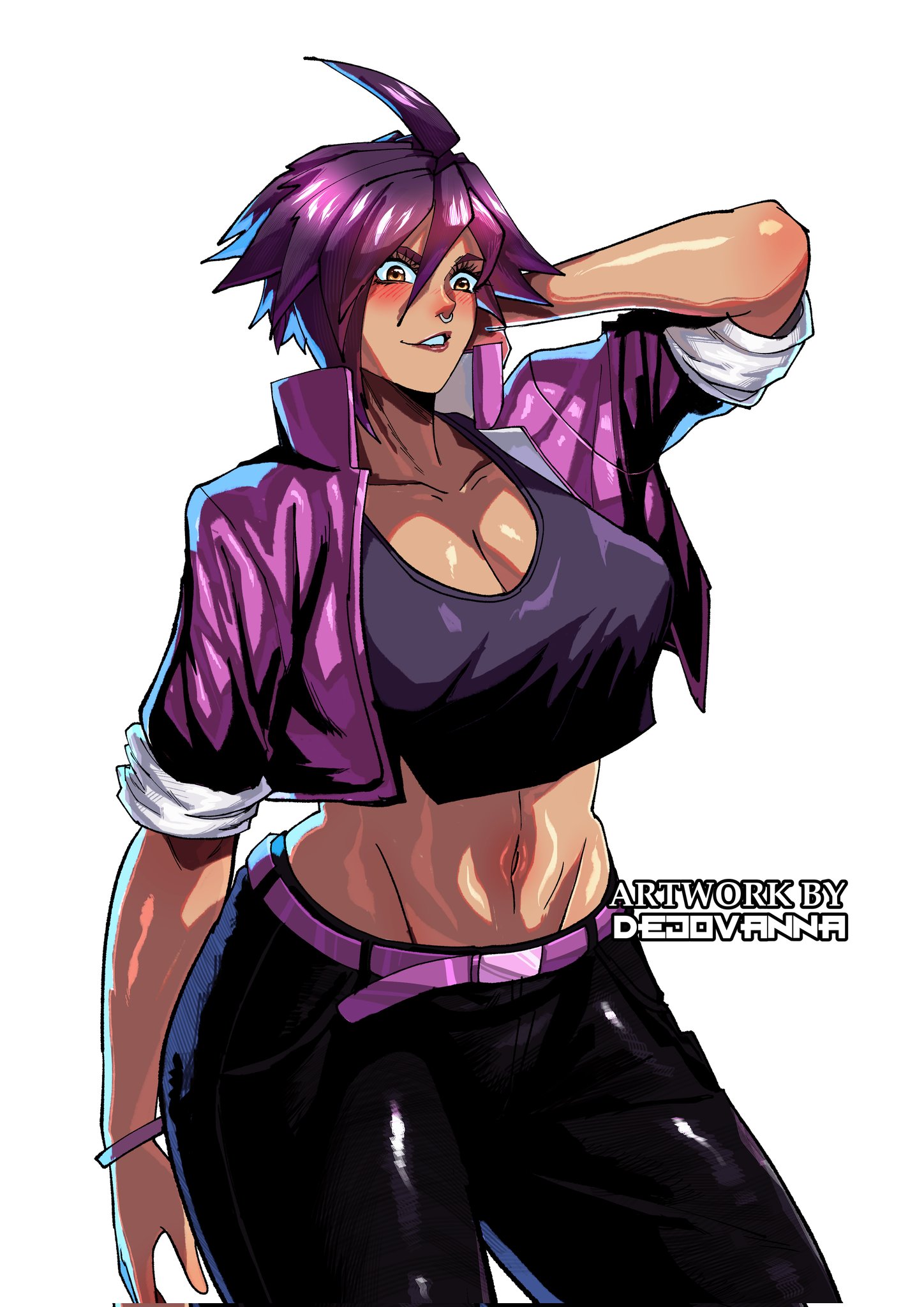 1girls, artist name, bare belly, belly, belt, belt buckle, breasts, brown eyes, brown lips, choker, clothed, courtney (dispatch), dark hair, dejovanna, dispatch (game), female, flashing, indoors, invisigal, jacket, medium breasts, messy hair, nose piercing, nose ring, office, pants, piercing, short hair, short hair female, slender, slender body, slender waist, slim, slim waist, smoking, smoking cigarette, solo, solo female, solo focus, standing, superhero, superheroine, tagme, tomboy, torn pants, watermark