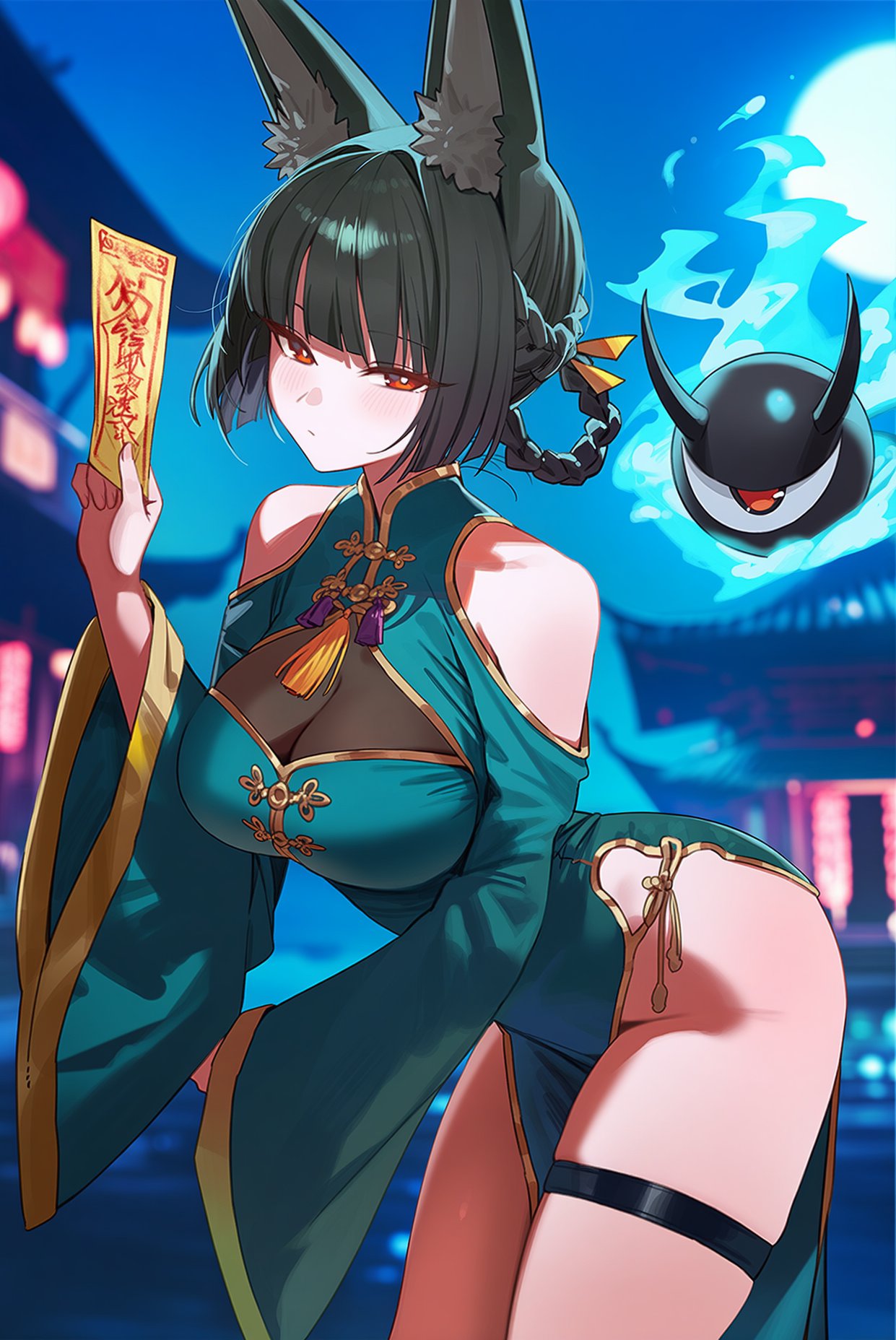 1girls, ai generated, aiart fring, animal ears, ass, bangs, bare shoulders, black hair, blunt bangs, blurry, blurry background, blush, braid, breasts, china dress, chinese clothes, cleavage cutout, depth of field, detached sleeves, eyebrows visible through hair, female, fox ears, fox girl, hoshimi miyabi, large breasts, looking at viewer, panties, red eyes, short hair, side-tie panties, solo, standing, tagme, thick thighs, thighs, twin braids, underwear, wide sleeves, zenless zone zero