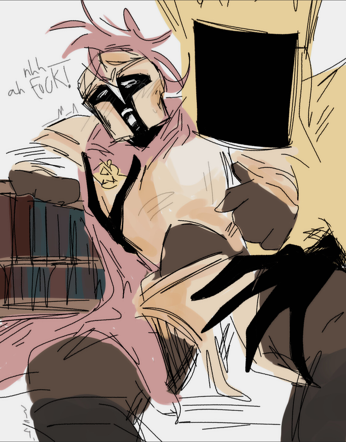 2025, 2boys, ambiguous gender, arg, armor, armored male, bara, blush, censored face, clothed, clothed sex, color, colored, d3rlord3, eldritch, eldritch being, english text, fully clothed, gay, groping, helmet, king in yellow, knight armor, male, male only, mask, masked, masked male, mcyt, minecraft, minecraft arg, minecraft youtubers, no visible genitalia, non-human, searching for a world that doesn't exist, searching for a world that doesnt exist, self upload, sitting, size difference, text, the king in yellow, tremble spikes, twitch, twitch streamer, twitch.tv, twitter, twitter username, unseen male face, yaoi, youtube, youtuber, youtubers