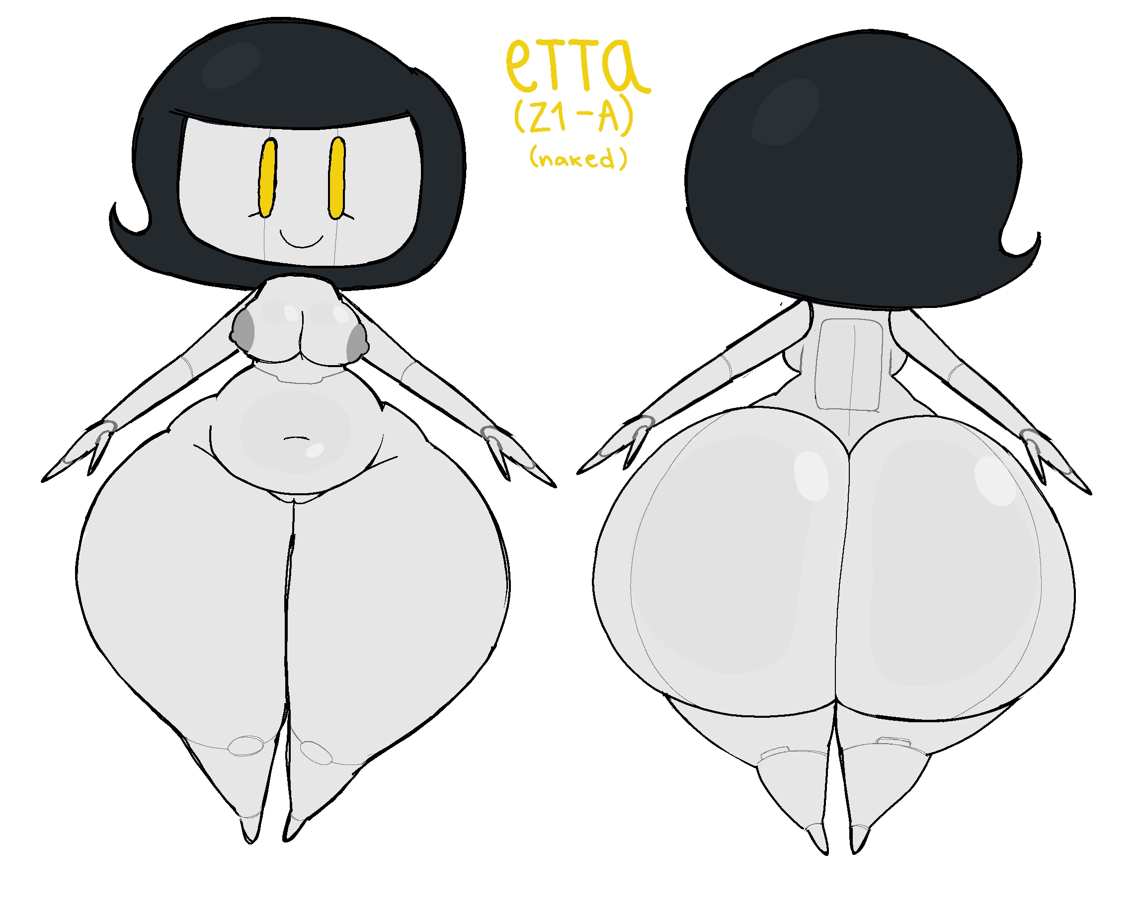 1girls, 2d, ass, belly, belly button, big ass, big butt, chubby, etta (mrpotato123 ), female, female only, front and back, fully nude, mrpotato123 , naked, naked female, pussy, robot, robot girl, self upload, tagme