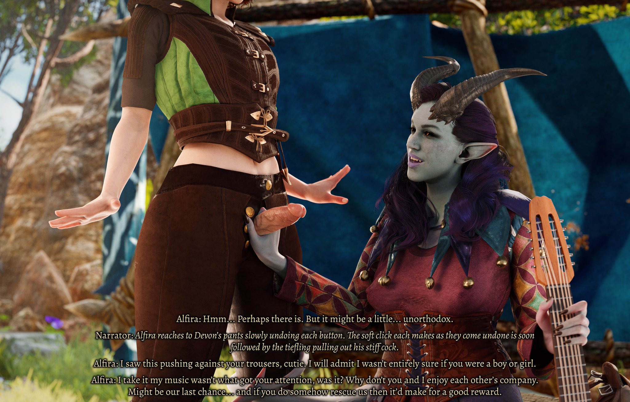 1boy, 1boy1girl, 1girls, 3d, alfira, asmodeus tiefling, ass, baldur's gate, baldur's gate 3, bard, big ass, big breasts, breasts, cock out of pants, curvaceous, curvy, curvy figure, devon (dinoboy555), dialogue, dinoboy555, dungeons and dragons, english text, female, female on femboy, female/femboy, femboy, femboy on female, femboy/female, forgotten realms, hips, hourglass figure, huge ass, humanoid, large ass, large breasts, legs, male, male/female, mature, mature female, mature male, sketch page, slim waist, story, straight, text, thick, thick hips, thick legs, thick thighs, thighs, tiefling, tiefling girl, unseen male face, voluptuous, waist, wide hips
