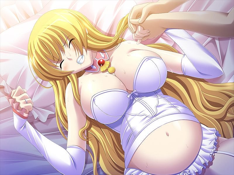 1girls bare_shoulders bed blonde_hair breasts cecilia_buruushiea cleavage closed_eyes collarbone drool game_cg garters holding_hands huge_breasts kei_(bekei) labor lying navel on_back oppai pregnant pushing ready_to_pop ring saliva shiawase_na_ohimesama sweat