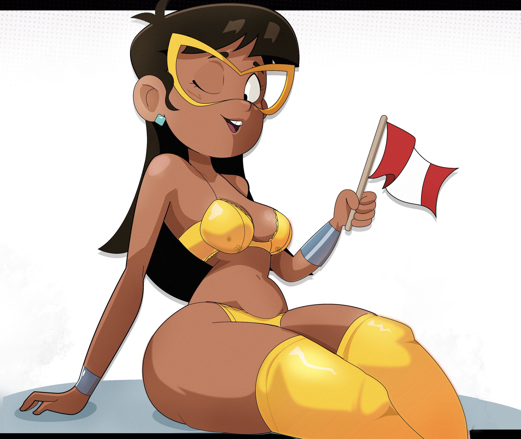 bikini, boots, bra, bracelet, clothed, clothing, earrings, female, gosgoz, latina, one eye closed, peru, peruvian, peruvian female, peruvian flag, protegiendo los sueños de sol, solo, solo female, thigh boots, vicky segura, wink, winking at viewer