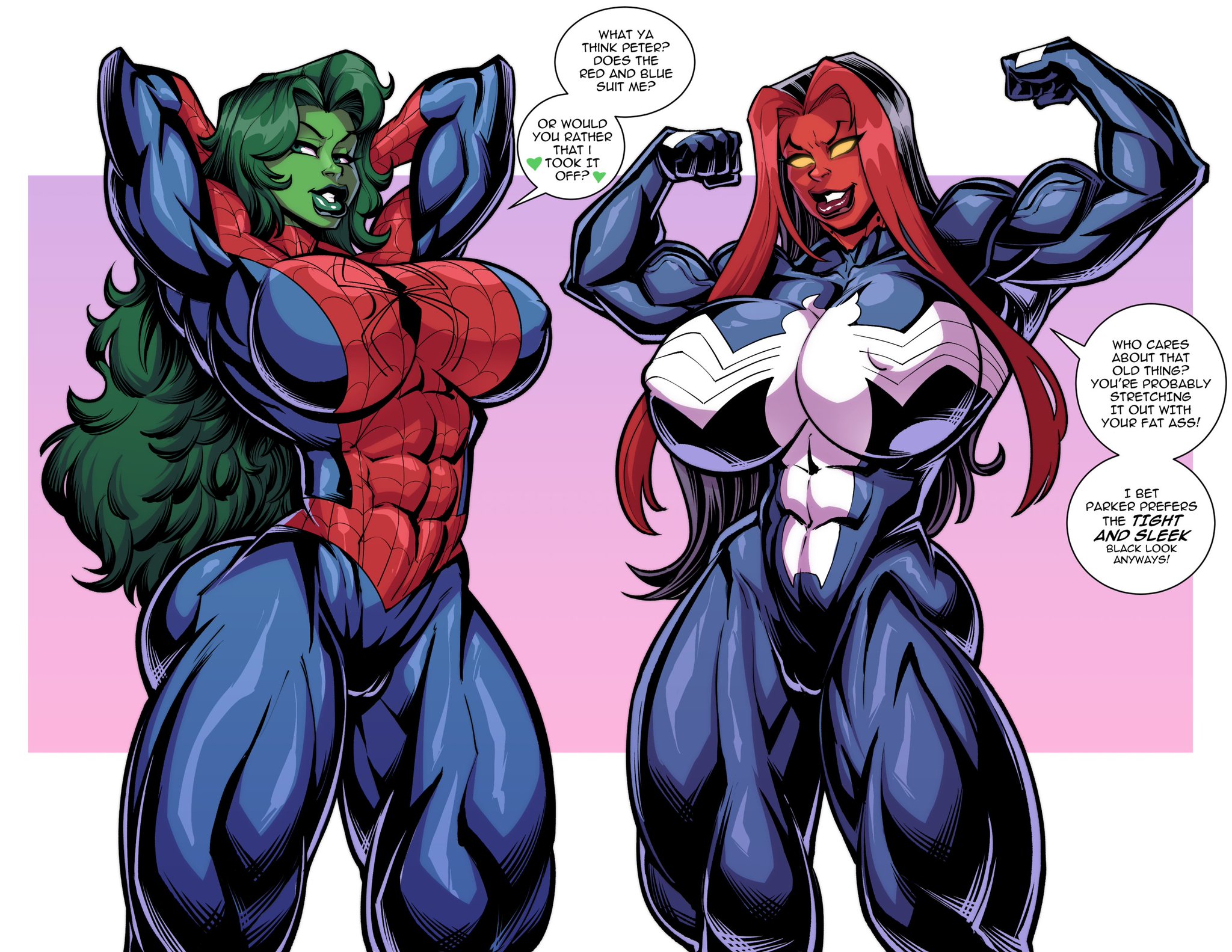 2girls, ass, avengers, betty ross, big ass, big breasts, big thighs, breasts, curvaceous, curvy, curvy figure, digital media (artwork), female, fontez, green body, green skin, green-skinned female, hips, hourglass figure, huge ass, huge breasts, huge thighs, hulk (series), jennifer walters, large ass, large breasts, large thighs, legs, marvel, marvel comics, mature, mature female, muscular, muscular female, red body, red she-hulk, red skin, red-skinned female, seductive look, seductive smile, she-hulk, slim waist, spider-man (series), tall, tall female, thick, thick hips, thick legs, thick thighs, thighs, venus body, voluptuous, waist, wide hips