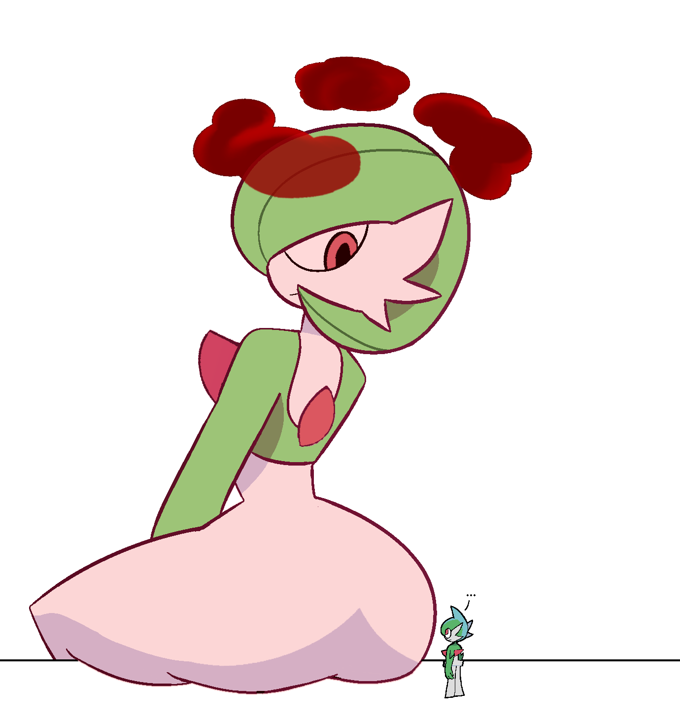 1boy, 1girls, 2d, 2d (artwork), 2d artwork, about to fart, alternate version at source, alternate version available, anthro, ass, color, dynamax, female, gallade, game freak, gardevoir, generation 3 pokemon, generation 4 pokemon, giant female, giantess, gigantification, green hair, humanoid, humanoid female, imminent fart, larger female, looking at another, looking back, macro, macro anthro, macro female, male, nelsomk, nintendo, pokemon, pokemon (species), red eyes, sitting, size difference, small waist, smaller male, video games, wide hips
