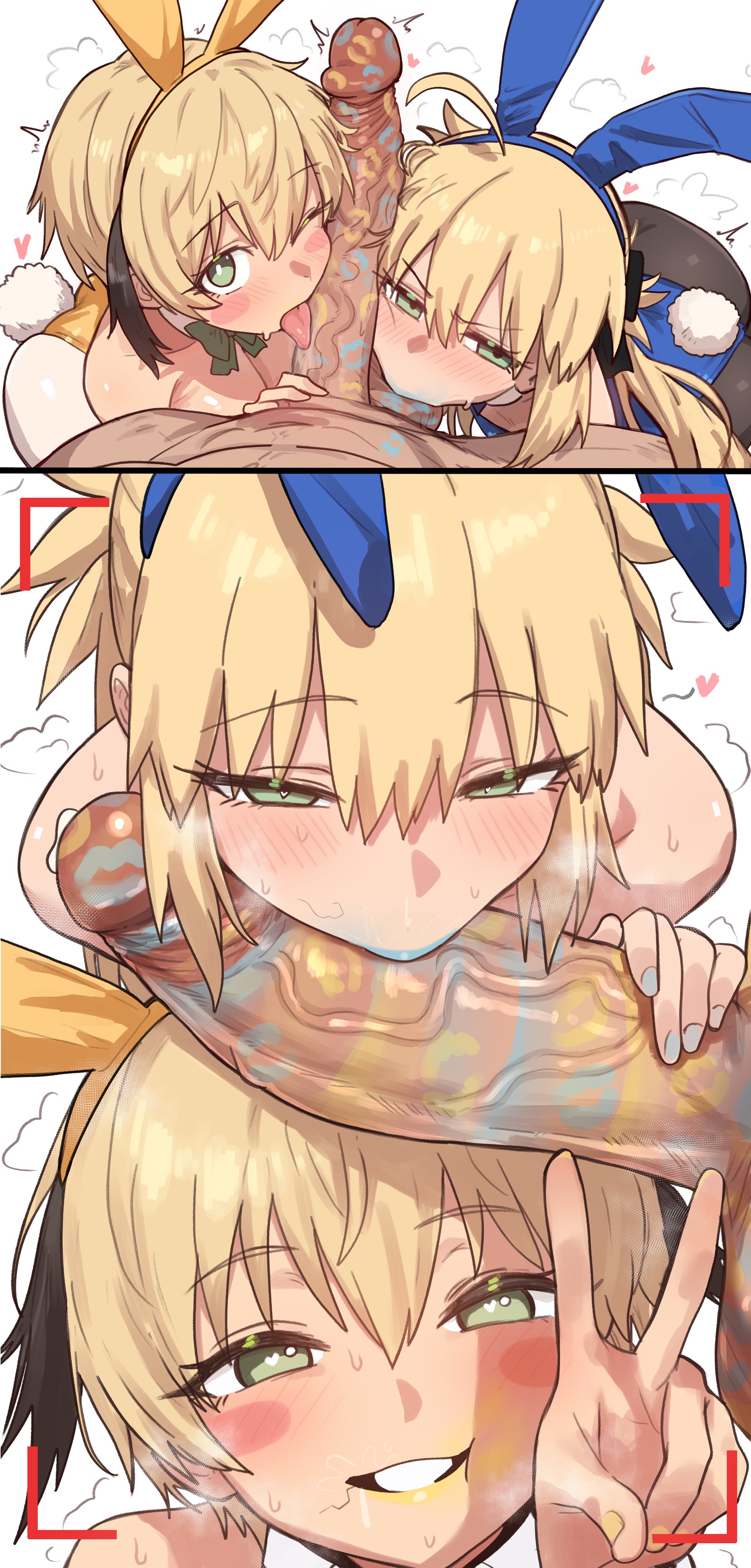 1boy, 2girls, animal ears, artoria caster (fate), artoria pendragon, artoria pendragon (caster), ass, balls sucking, breasts, bunny ears, bunnysuit, camera, collaborative fellatio, ebora, fate (series), fate/grand order, fellatio, female, femsub, gareth (fate), green eyes, huge cock, large ass, licking penis, light-skinned female, lipstick, lipstick mark, lipstick on balls, lipstick on penis, long hair, looking at viewer, male, male pov, maledom, multiple females, multiple girls, oral, penis, pov, rainbow party, recording, short hair, stray pubic hair, sucking balls, sucking testicles, teamwork, twintails
