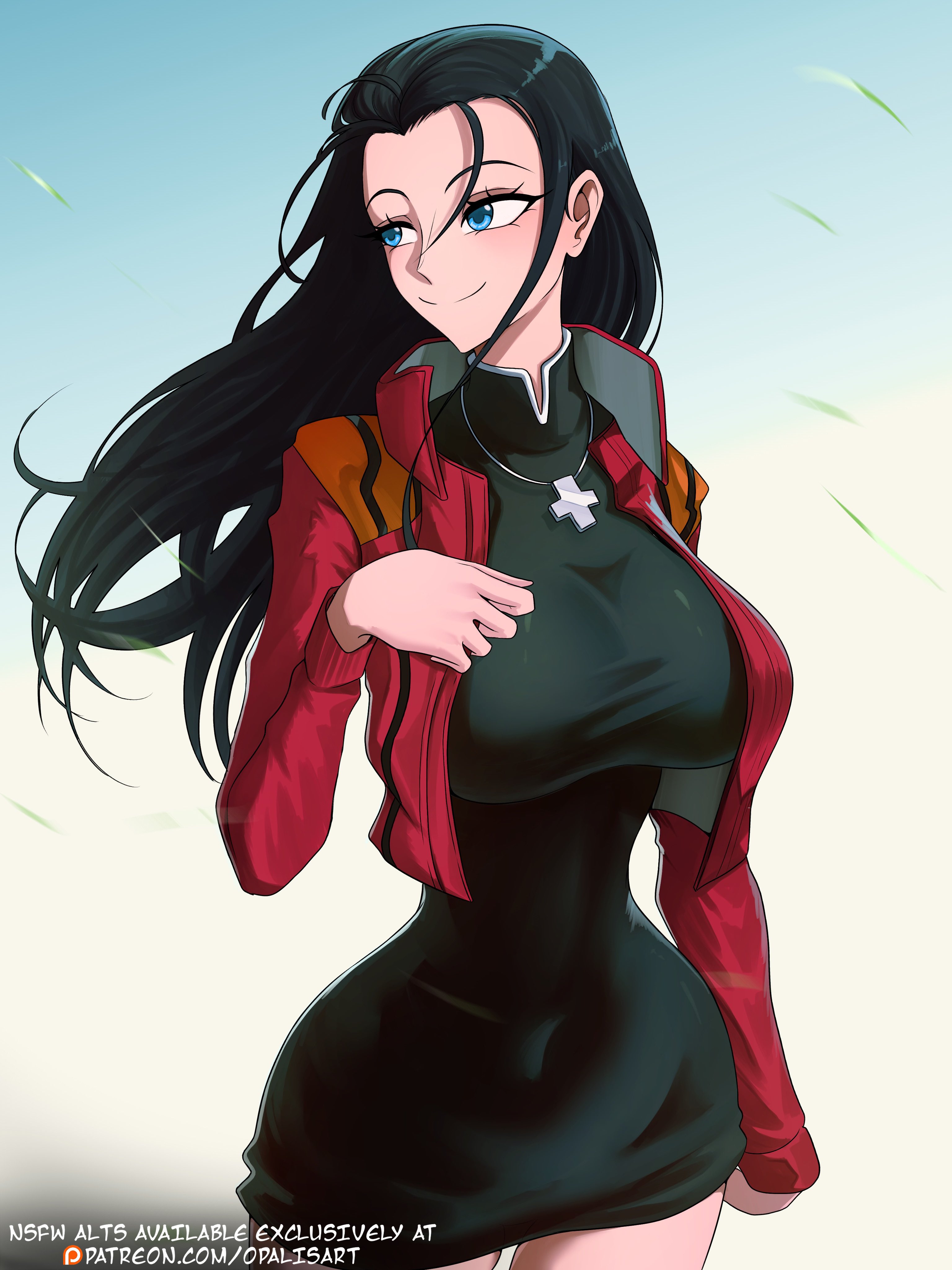 1girls, artist name, big breasts, black dress, black hair, black-haired female, blue eyes, breasts, busty, cosplay, cross necklace, curvy, female, female only, hourglass figure, huge breasts, jacket, large breasts, light skin, light-skinned female, long hair, misato katsuragi (cosplay), neon genesis evangelion, nico robin, one piece, opalisart, red jacket, short dress, small waist, smile, tight dress, wide hips