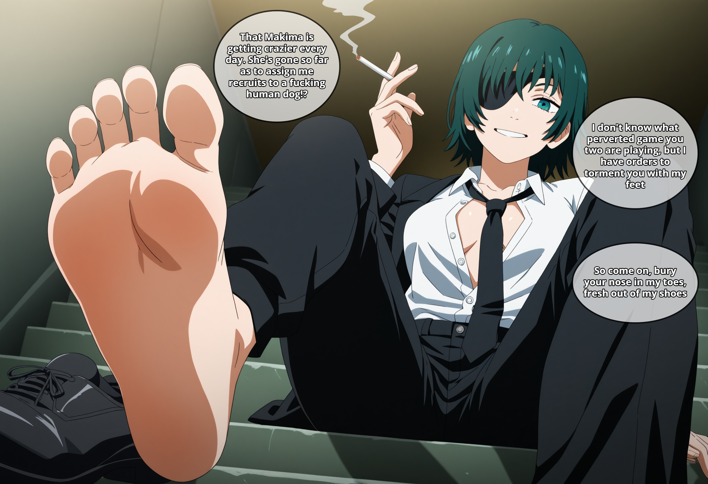 ai, ai assisted, ai generated, chainsaw man, feet, feet focus, female, female domination, femdom, femdom caption, foot fetish, foot focus, green eyes, green hair, himeno (chainsaw man), sole female, soles, soles fetish