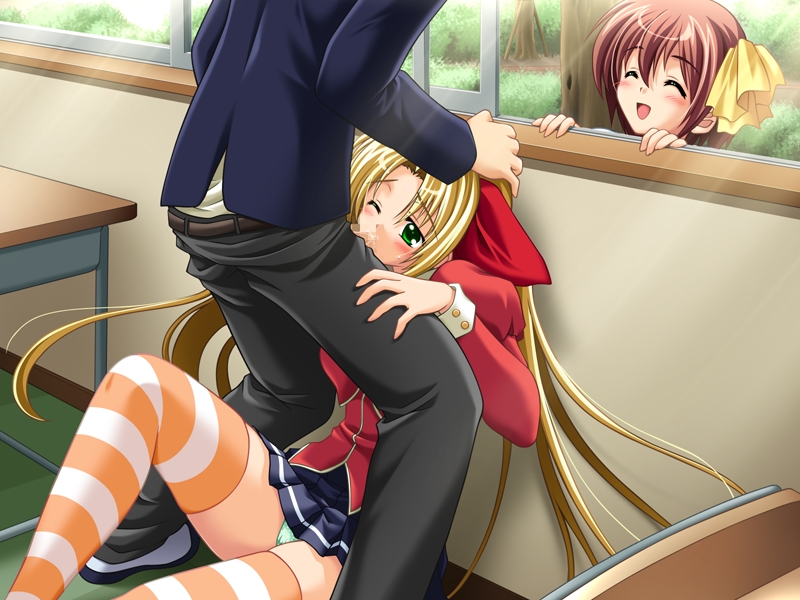 blonde_hair blush brown_hair censored game_cg green_eyes hand_on_head kamishiro_haruna koi_q! long_hair mini_skirt miniskirt oral panchira panties red_ribbon ribbon school_uniform skirt smile source_request striped striped_legwear striped_stockings striped_thighhighs underwear usami_asuka wince wink yuyi