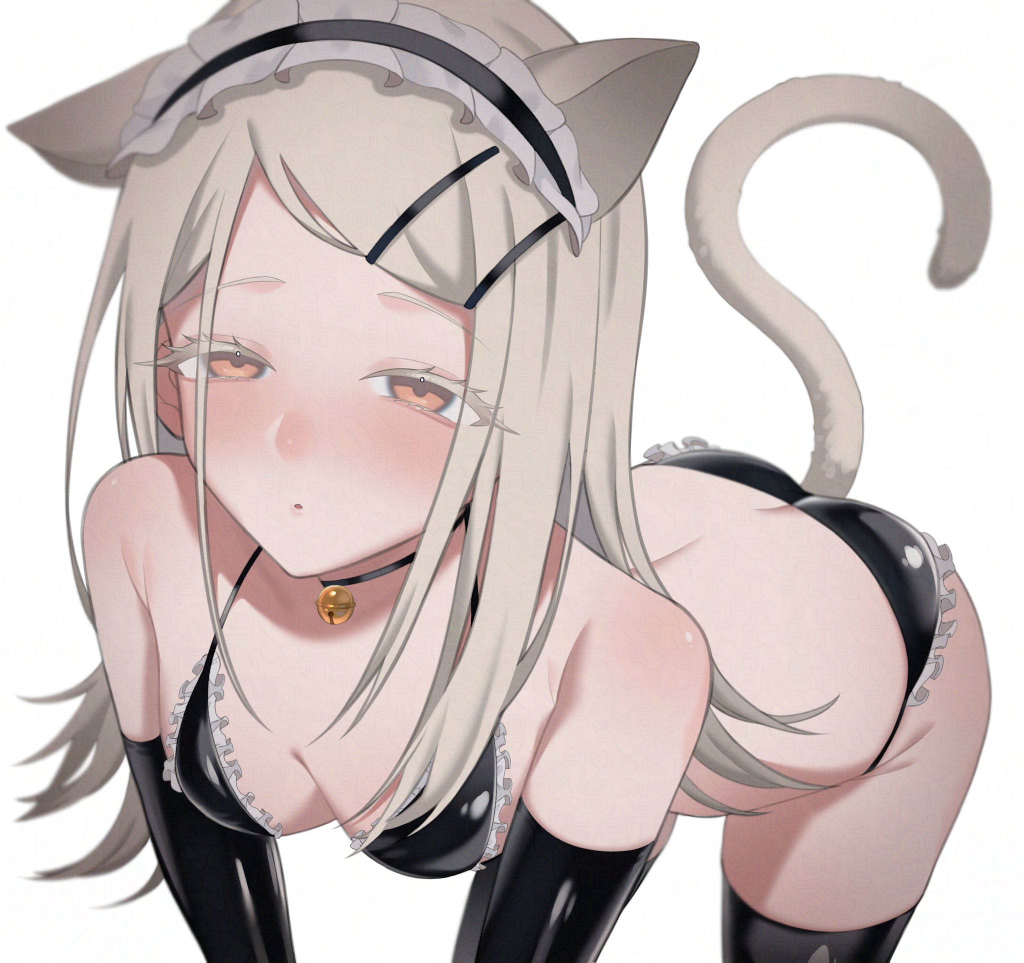 1girls, all fours, artist request, ass, blonde eyelashes, blonde hair, breasts, butt, cat ears, cat girl, cat tail, catgirl, cute, female, gakuen idolmaster, hair clips, hairclip, idolmaster, innocent, latex, latex gloves, latex thighhighs, light-skinned female, long hair, looking at viewer, maid bikini, maid headdress, medium breasts, miya xx2, orange eyes, pale-skinned female, petite, petplay, roleplay, seductive look, shinosawa hiro, simple background, skinny, slim, small ass, solo, teenager, unconventional maid, white background, young