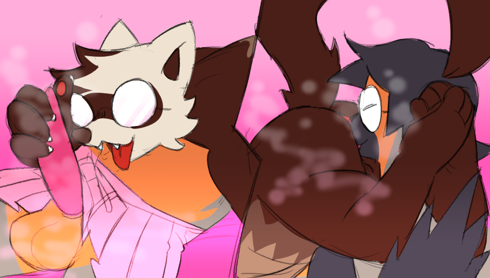 2025 anal anthro anthro_on_anthro avian balls beak bird black_beak black_hair bottomwear brown_body brown_fur brown_inner_ear brown_nose claws clothing crowputerad digital_drawing_(artwork) digital_media_(artwork) domestic_ferret duo erection eurasian_bullfinch eyewear fangs feathers finch flat_colors fur genitals glasses grey_body grey_feathers hair legs_around_partner male male/male male_anthro mammal mustelid musteline opaque_glasses open_mouth oral orange_body orange_feathers oscine passerine pawpads penis penis_grab percy_(percybird) pink_background pink_bottomwear pink_clothing pink_skirt red_pawpads red_tongue rimming round_glasses sex simple_background skirt tail tapering_penis teeth tongue tongue_out true_bullfinch true_musteline tuko_(tukoferret) wearing_glasses weasel white_body white_claws white_fur
