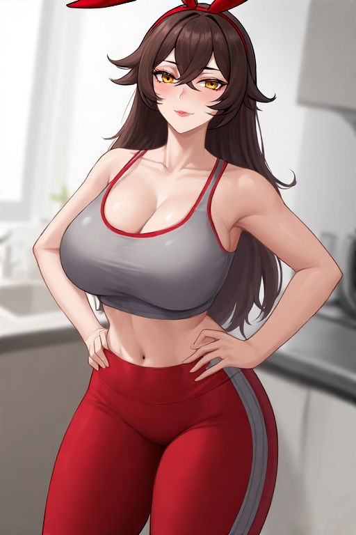 1girls, ai generated, amber (genshin impact), big breasts, breasts, bunny ears headband, curvy female, curvy figure, dark brown hair, female, female only, genshin impact, gray sports bra, hands on hips, hourglass figure, huge breasts, light-skinned female, naughty one, red yoga pants, seductive pose, seductive smirk, solo, yellow eyes