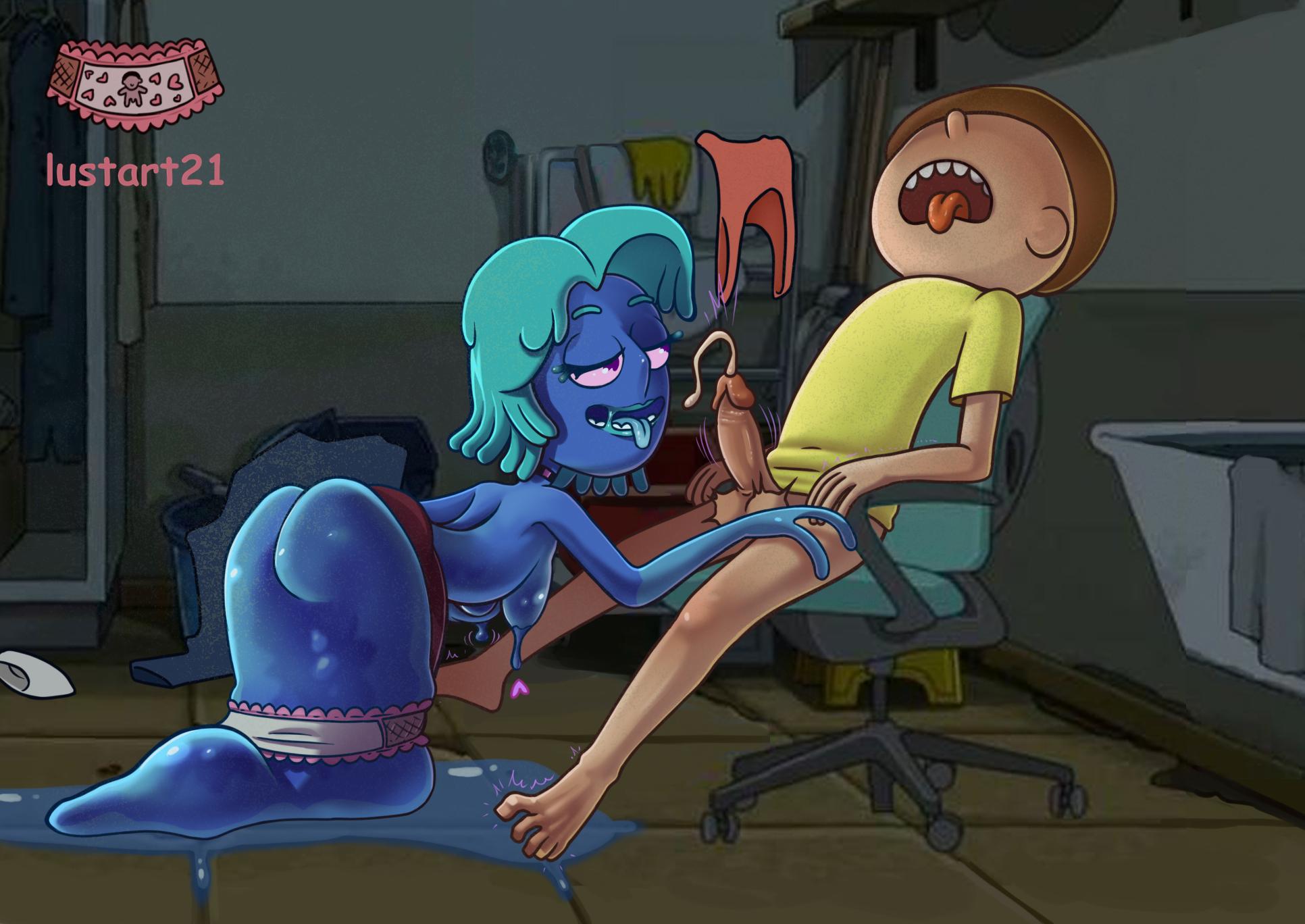 1boy, 1boy1girl, 1girls, alien, alien girl, big ass, blue body, blue hair, brown hair, cum, cumming, ejaculation, erection, female, goo creature, human fangirl (rick and morty), lustart21, male, male/female, morty smith, no pants, penis, pink eyes, rick and morty, slime, slime girl, tongue, tongue out