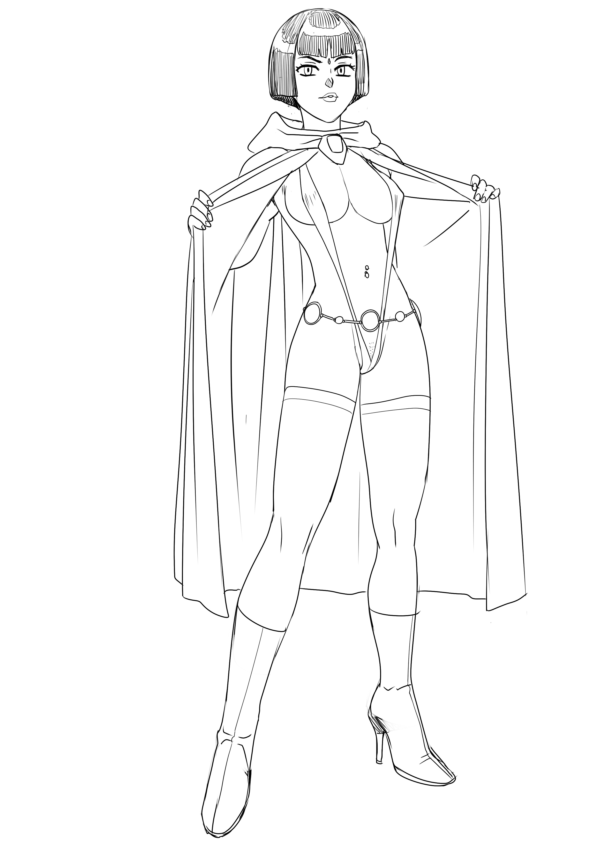 belt, blunt bangs, boots, cloak, dc comics, female, female only, hood, hooded cloak, looking at viewer, navel piercing, no-pubic hair, piercing, raven (dc), short hair, sketch, slingshot swimsuit, solo, solo female, swimsuit, teen titans, tekuho