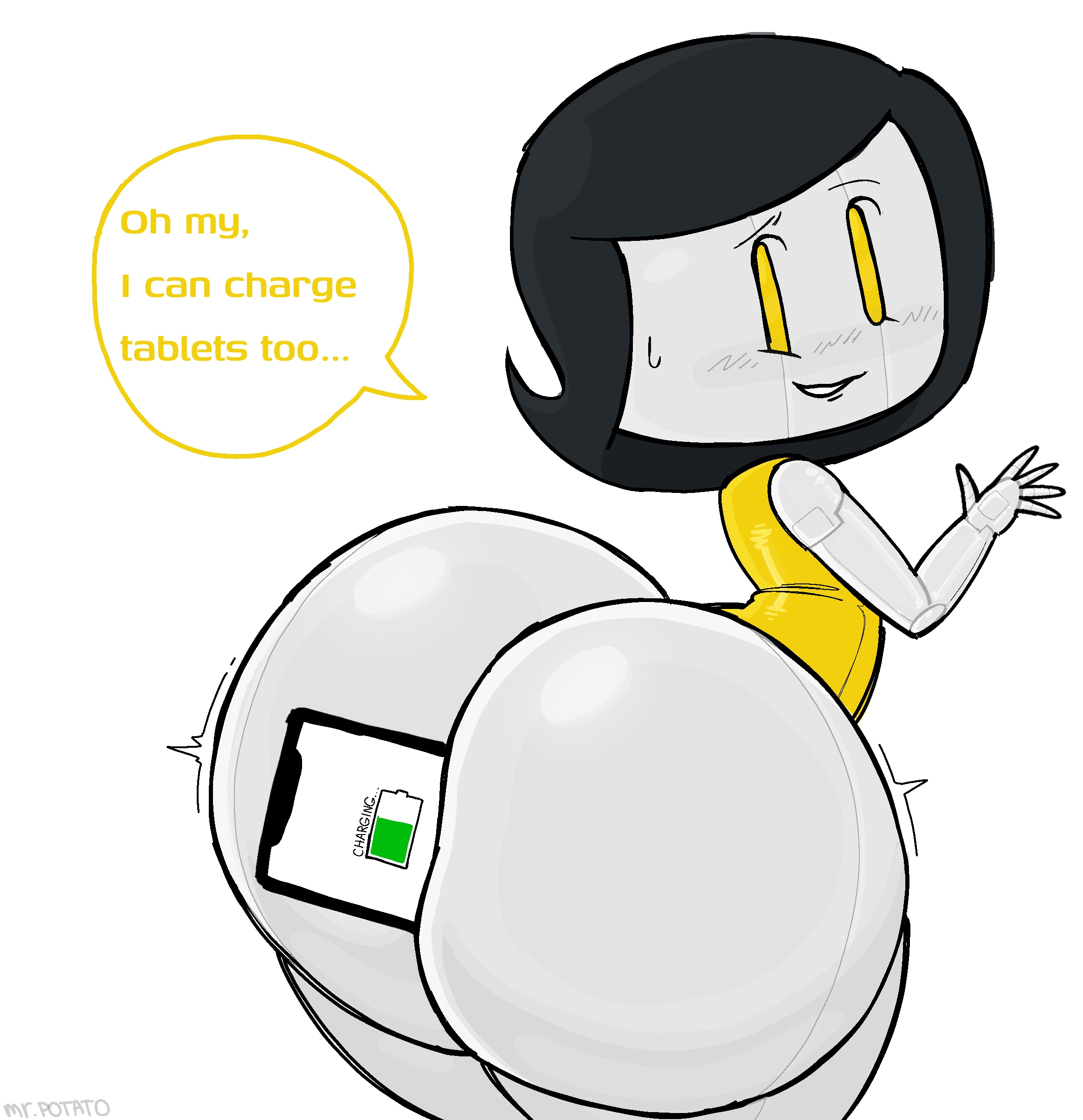 1girl, 1girls, 1robot, 2d, 2d (artwork), anal, anal insertion, artist name, artist signature, ass, ass bigger than head, ass crack, ass focus, background, between buttocks, big ass, big butt, black hair, black hair female, black-haired female, blush, blush lines, blushing, blushing female, bottom heavy, bottom heavy female, butt, butt bigger than head, butt crack, butt focus, charging, charging device, color, dat ass, delicious ass, dialog, dialogue, dialogue bubble, english, english text, etta (mrpotato123 ), fat ass, fat butt, female, female ass, female ass focus, female butt, female focus, female only, female robot, girl ass, glistening, glistening ass, glistening butt, hips, hips wider than shoulders, huge ass, huge butt, large ass, large butt, leotard, motion lines, mrpotato123 , object in anus, object in ass, object insertion, robot, robot girl, self upload, side view, simple background, smile, smiling, smiling female, solid color background, solo, solo female, solo focus, speech bubble, standing, tablet, text, text bubble, thick, thick ass, thick butt, thin eyes, topwear, white background, wide hips, yellow eyes, yellow eyes female, yellow leotard, yellow topwear, yellow-eyed female